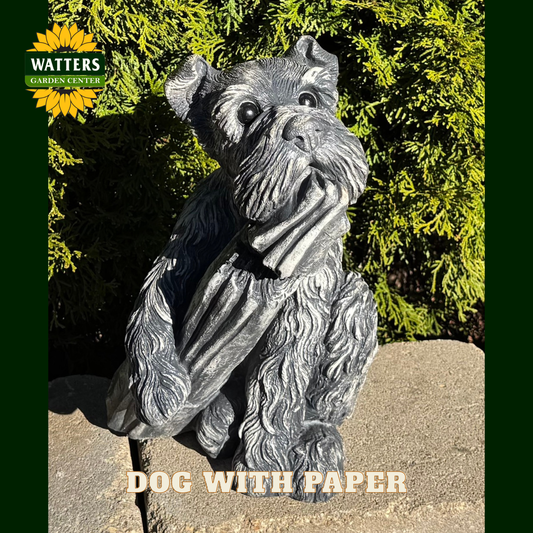 Dog holding a paper statue in a garden.