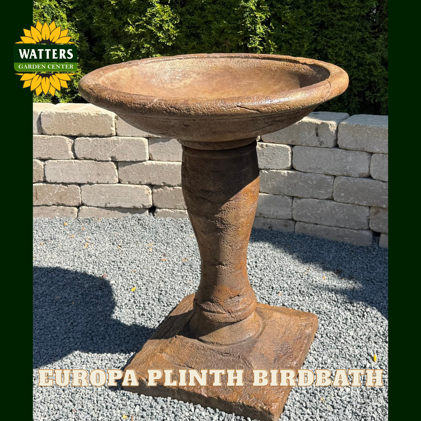Europe Plinth Birdbath with Watters Garden Center branding in the background