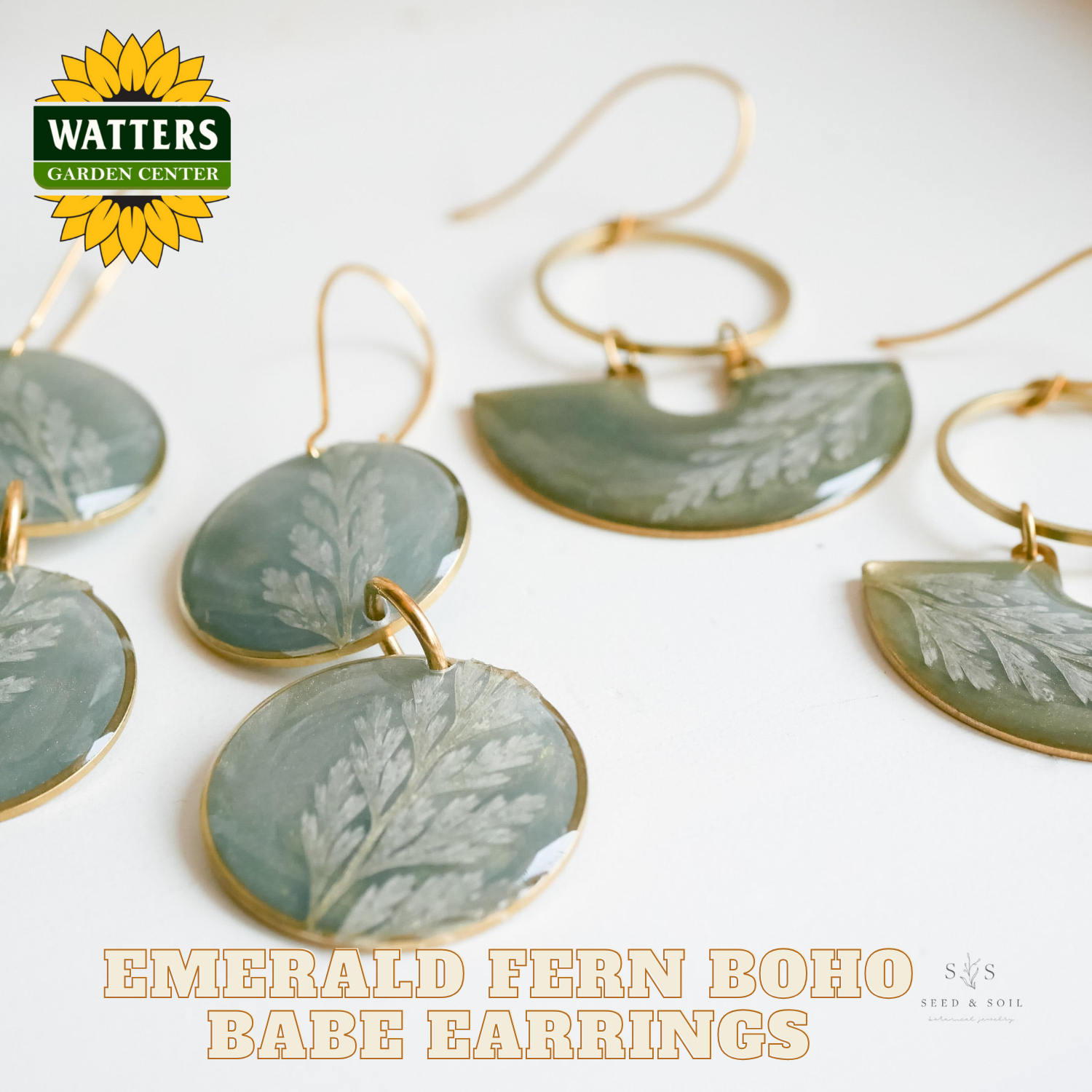 Emerald fern boho babe earrings with Watters Garden Center logo on a white background