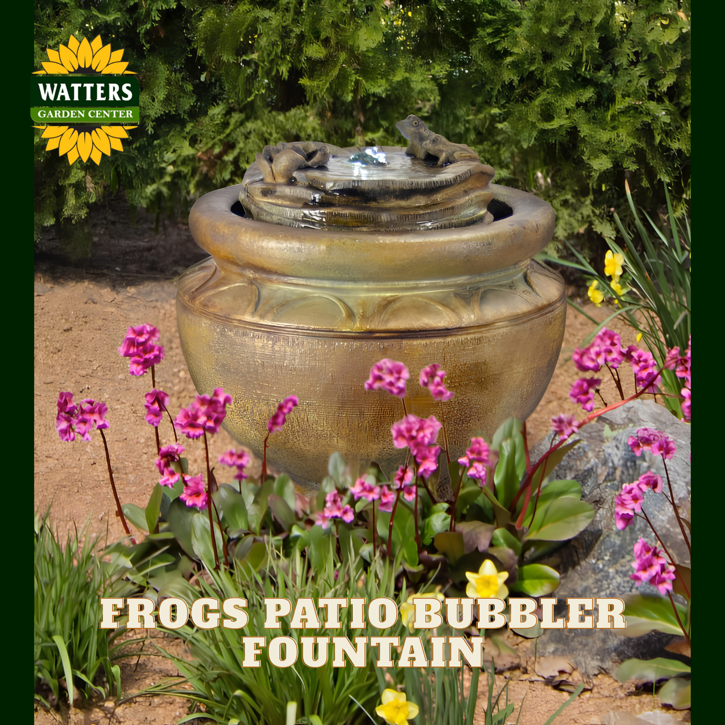 Watters Garden Center frogs patio bubbler fountain in a garden setting with pink flowers and green foliage. The image features a large textured bronze-colored ceramic basin with a tiered stone fountain top showing frogs, surrounded by text overlay and the Watters Garden Center logo.