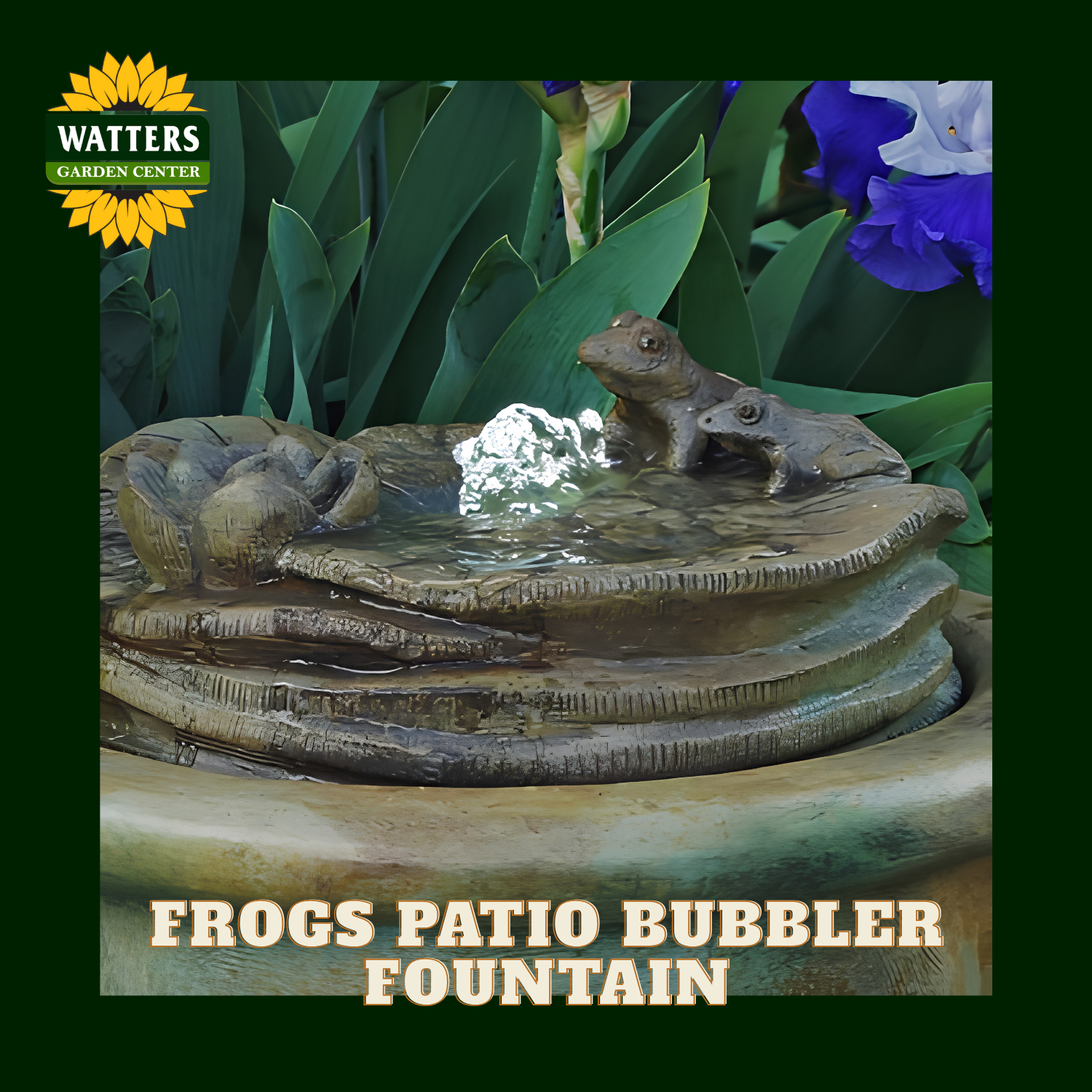 A frog-themed patio fountain with two realistic frogs sitting on a tiered stone-like structure and water spraying in the center. The image includes a Watters Garden Center logo in the top-left corner and the text 'FROGS PATIO BUBBLER FOUNTAIN' at the bottom, set against a dark green background with garden foliage and flowers.
