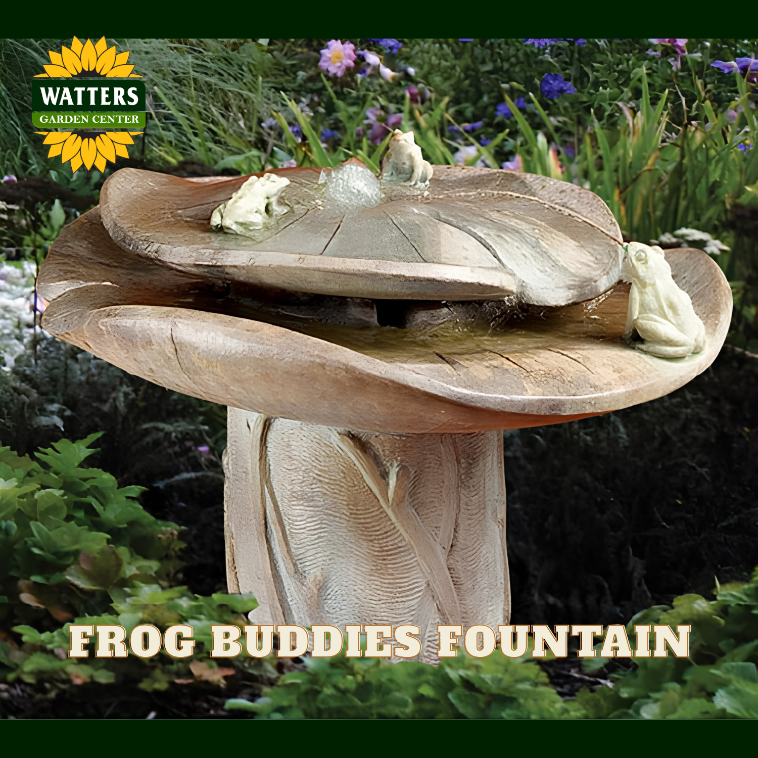 Frog Buddies Fountain by Watters Gardens Center, featuring a mushroom-shaped stone basin with two small frog statues and a water spout, shown in a garden setting.