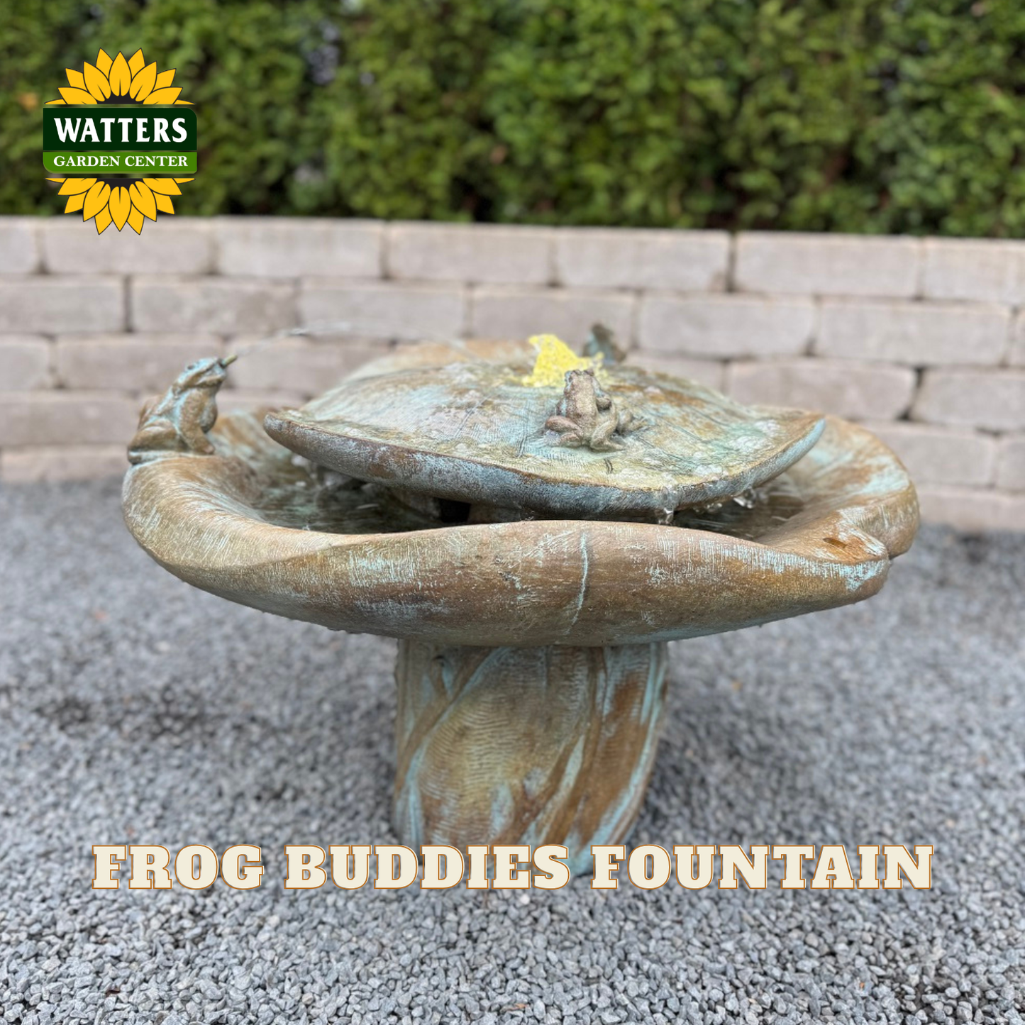 A mushroom-shaped outdoor fountain with a weathered bronze and green patina finish, shown in a garden setting with gravel ground and a brick wall background. A Watters Garden Center logo is visible in the top left, and the text 'FROG BUDDIES FOUNTAIN' is displayed at the bottom.