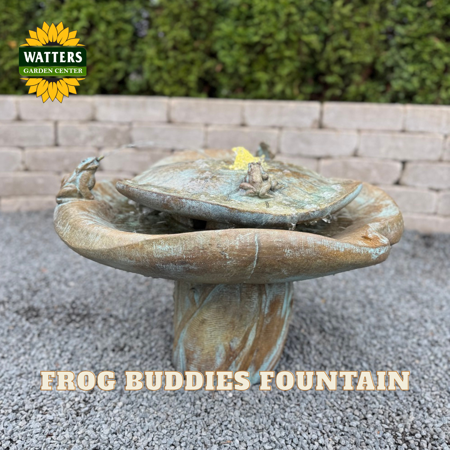 A mushroom-shaped outdoor fountain with a weathered bronze and green patina finish, shown in a garden setting with gravel ground and a brick wall background. A Watters Garden Center logo is visible in the top left, and the text 'FROG BUDDIES FOUNTAIN' is displayed at the bottom.