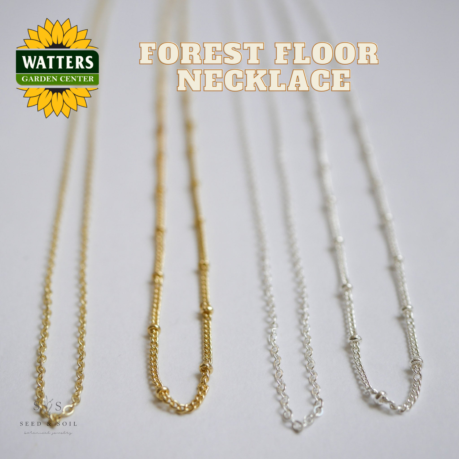 Two gold necklaces and two silver necklaces on a white background with Watters Garden Center logo.