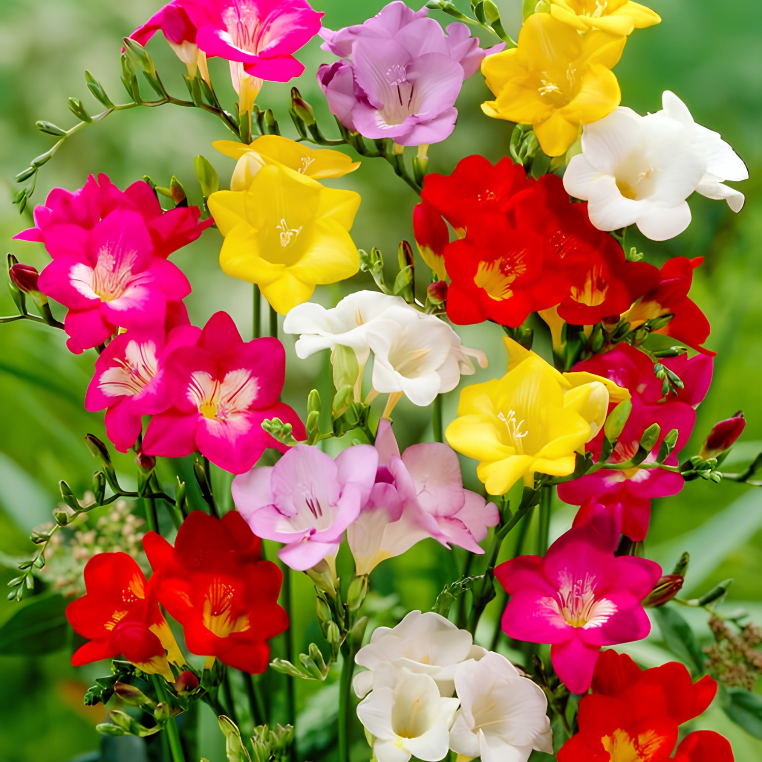 Bouquet of colorful flowers including pink, yellow, red, and white on a green background.
