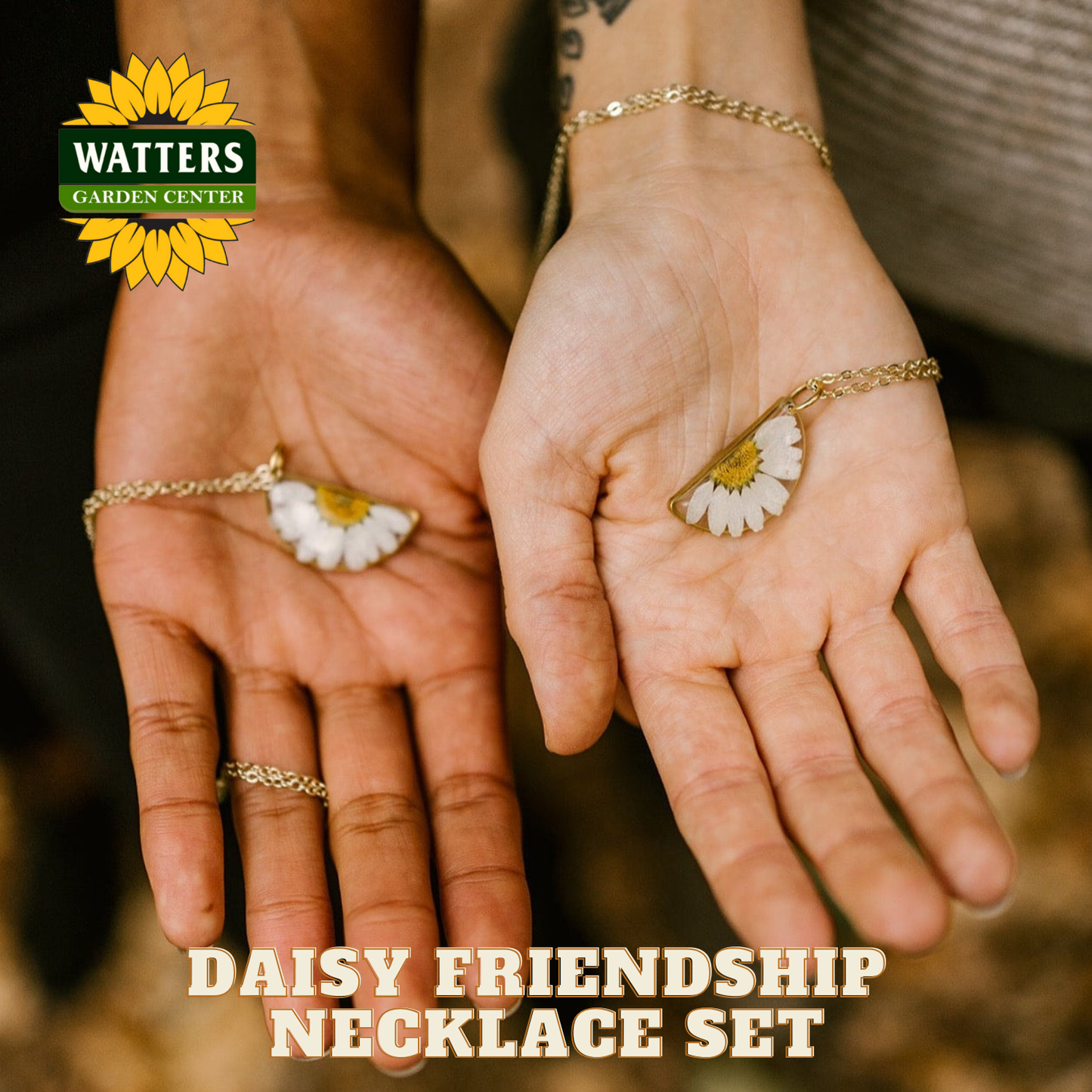 Two hands holding daisy-shaped pendants with 'Watters Garden Center' logo and text about a 'Daisy Friendship Necklace Set'.