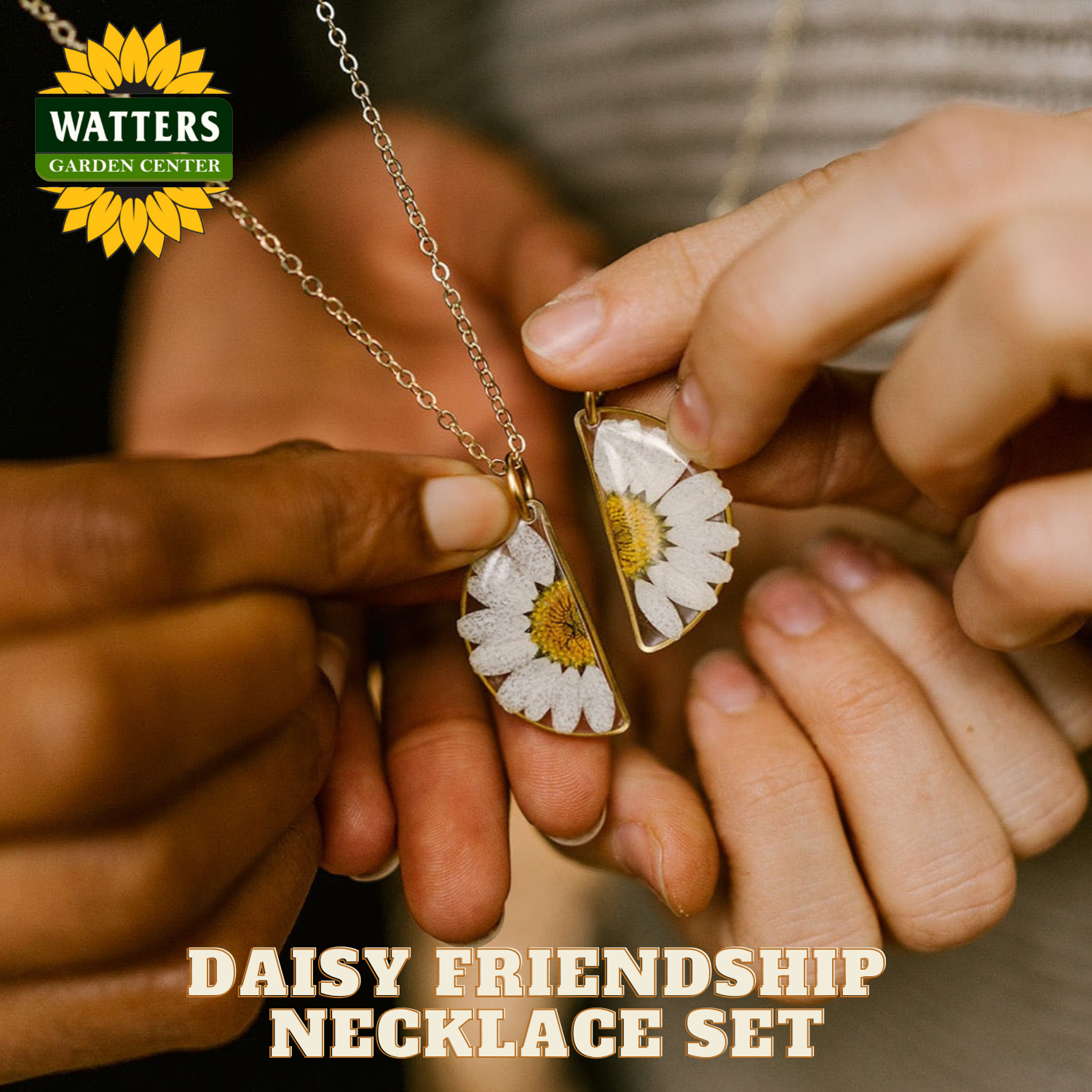 Daisy friendship necklace set held by two people with Watters Garden Center branding.