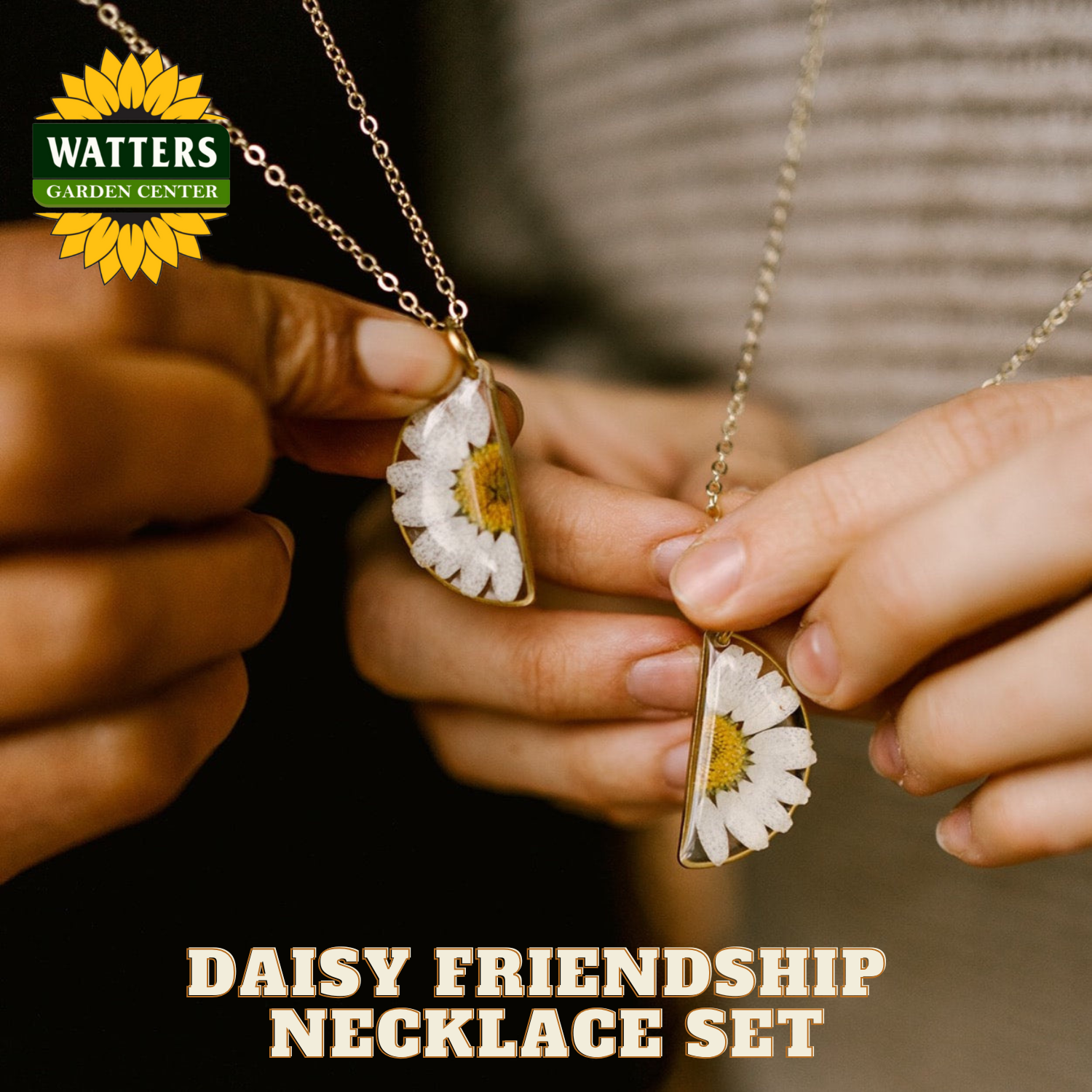 Two hands holding a daisy friendship necklace set with Watters Garden Center branding.