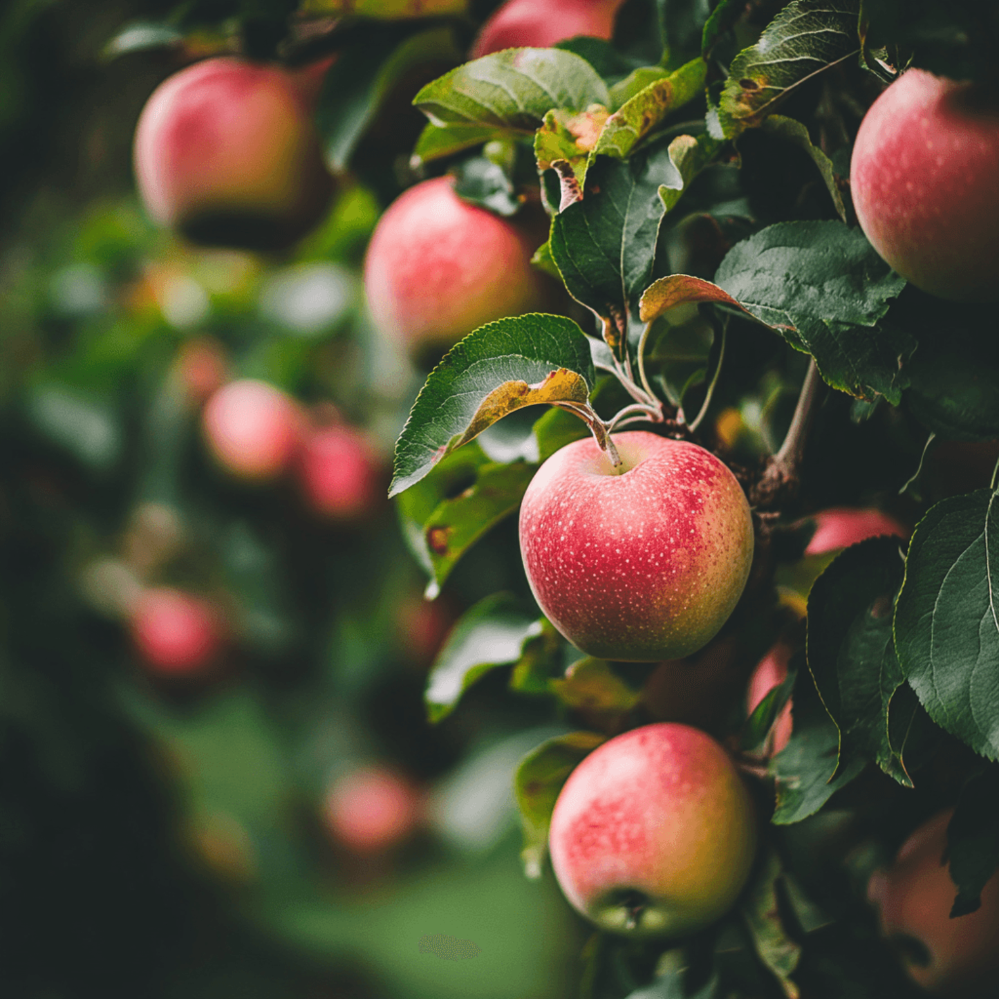 Apples hanging from a tree with a blurred background