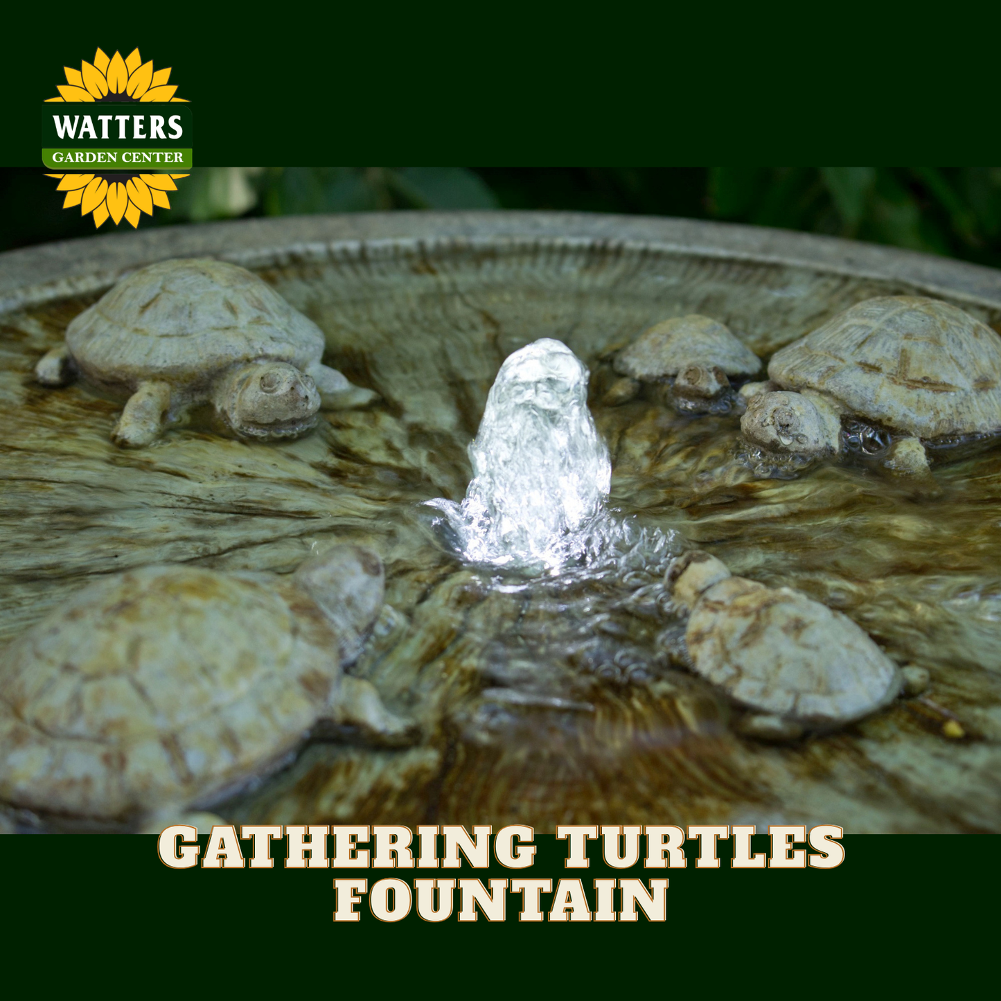 A Watters Garden Center 'Gathering Turtles Fountain' featuring several realistic turtle statues surrounding a central water jet in a stone basin, shown with dark green branded borders and text.