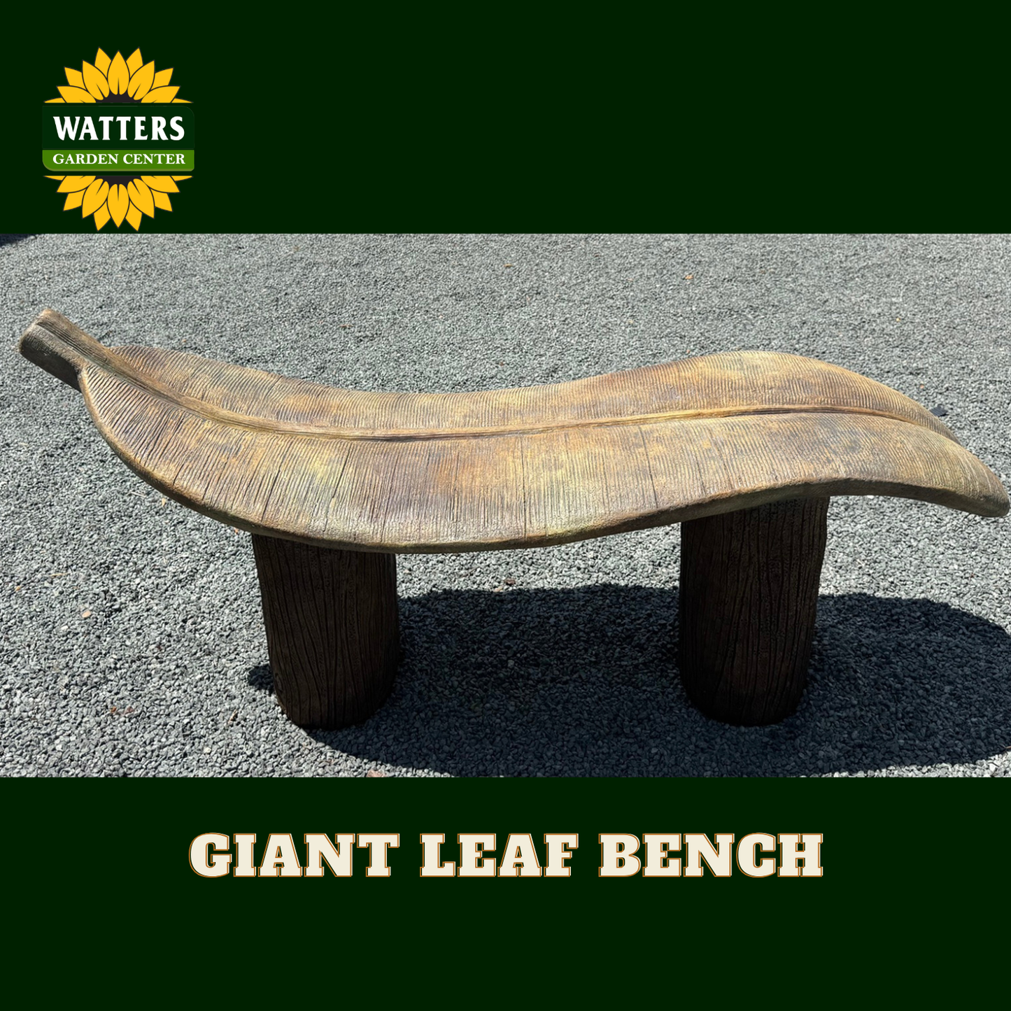 A leaf-shaped outdoor bench with a textured wood-look surface and two cylindrical tree-trunk-style legs, shown on a gravel surface. The image includes a Watters Garden Center logo in the top left and the text 'GIANT LEAF BENCH' on a dark green banner at the bottom.