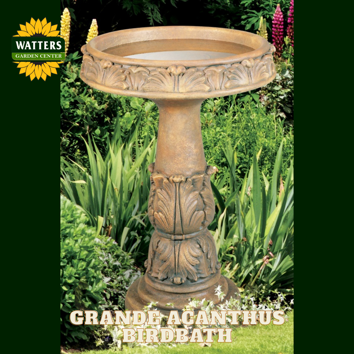 Decorative bird bath with intricate design in a garden setting, featuring the Watters Garden Center logo.