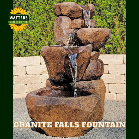Granite falls fountain with Watters Garden Center branding