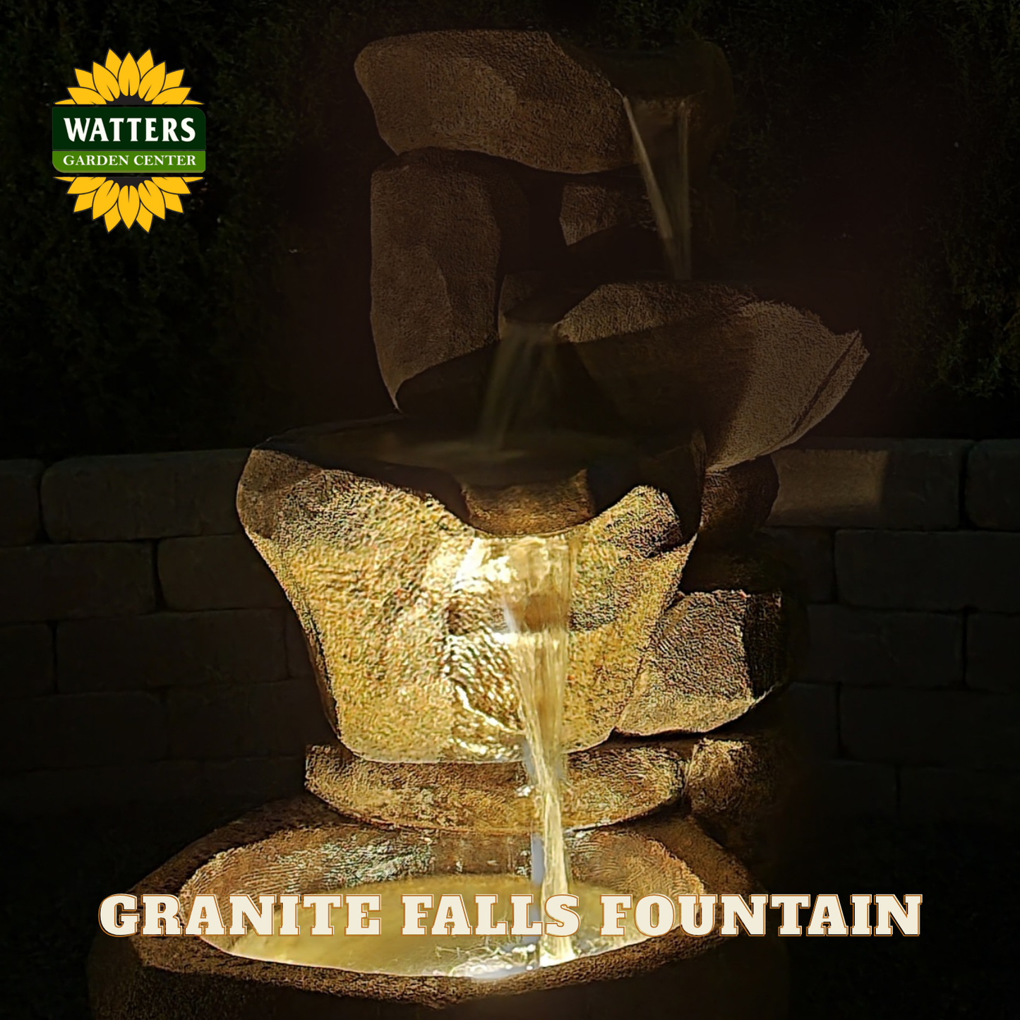 Granite falls fountain with Watters Garden Center branding on a dark background