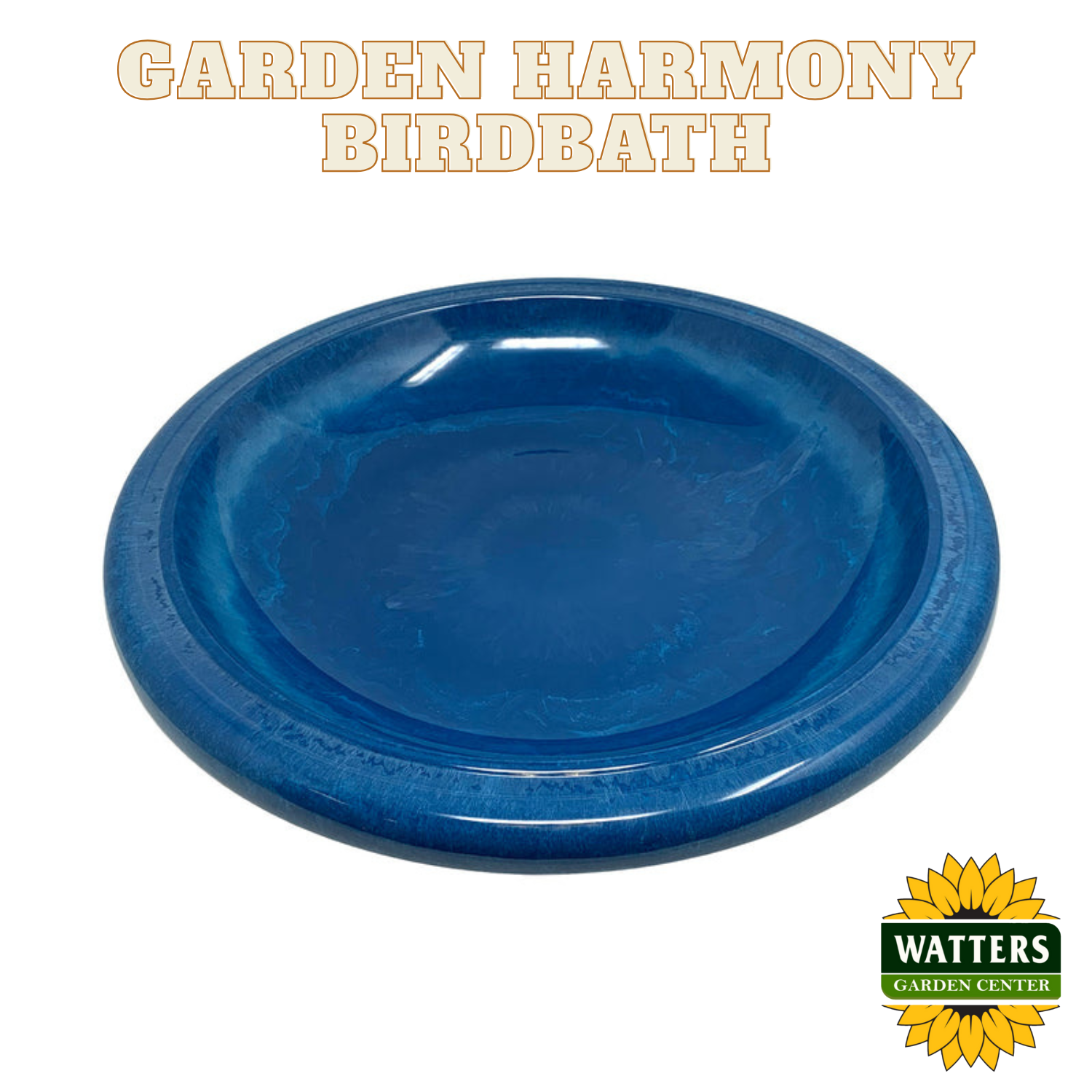 Blue bird bath with 'Garden Harmony Birdbath' text and Watters Garden Center logo.