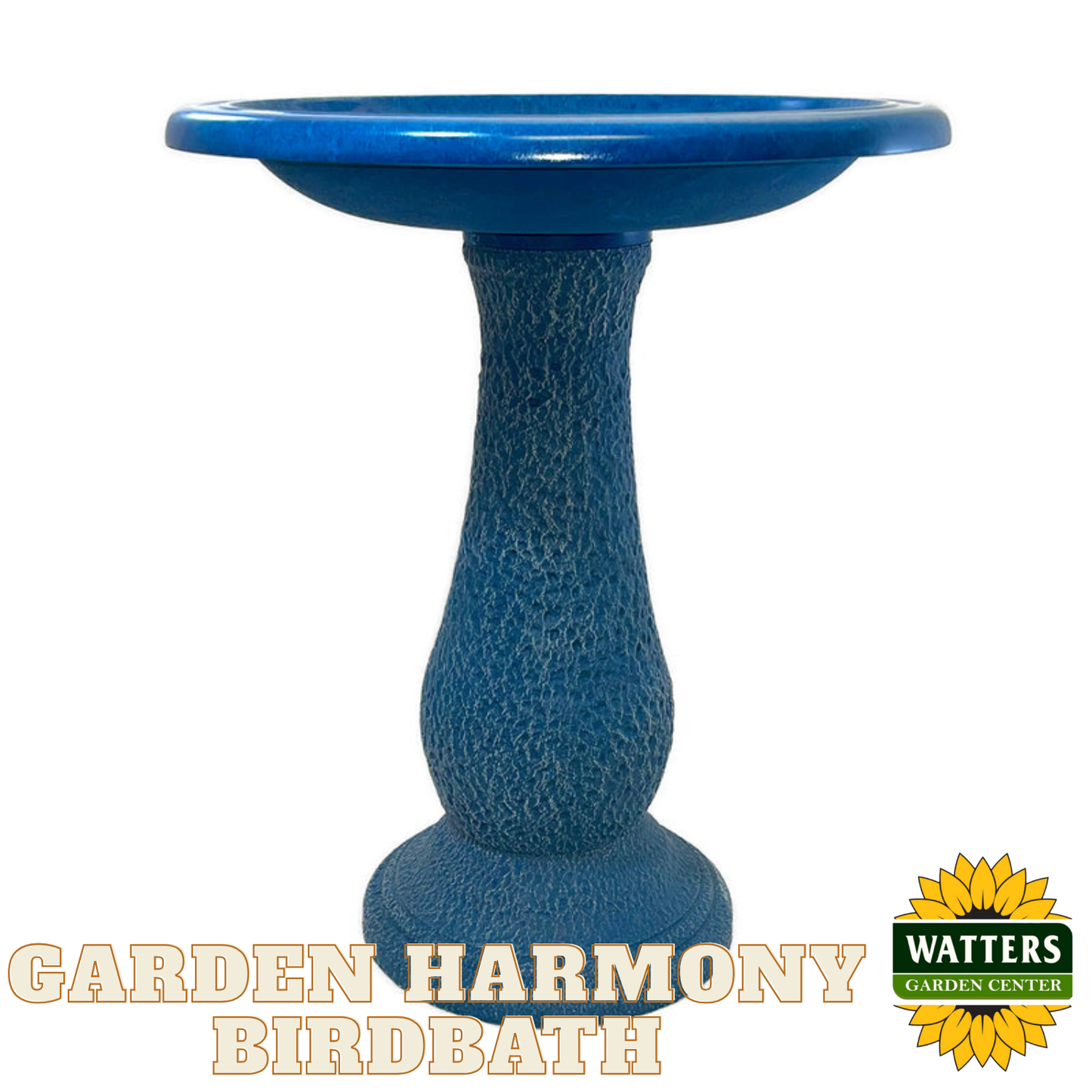 Blue garden birdbath with 'Watters Garden Center' logo on a white background