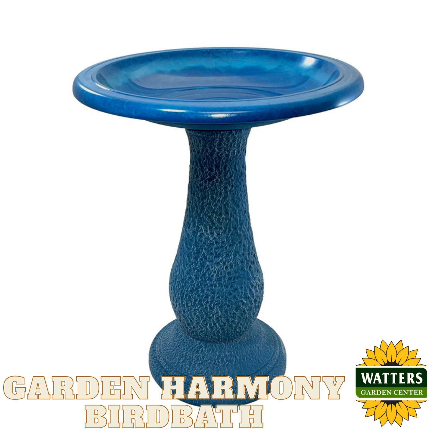 Blue garden birdbath with textured base on a white background, featuring 'Garden Harmony' branding.