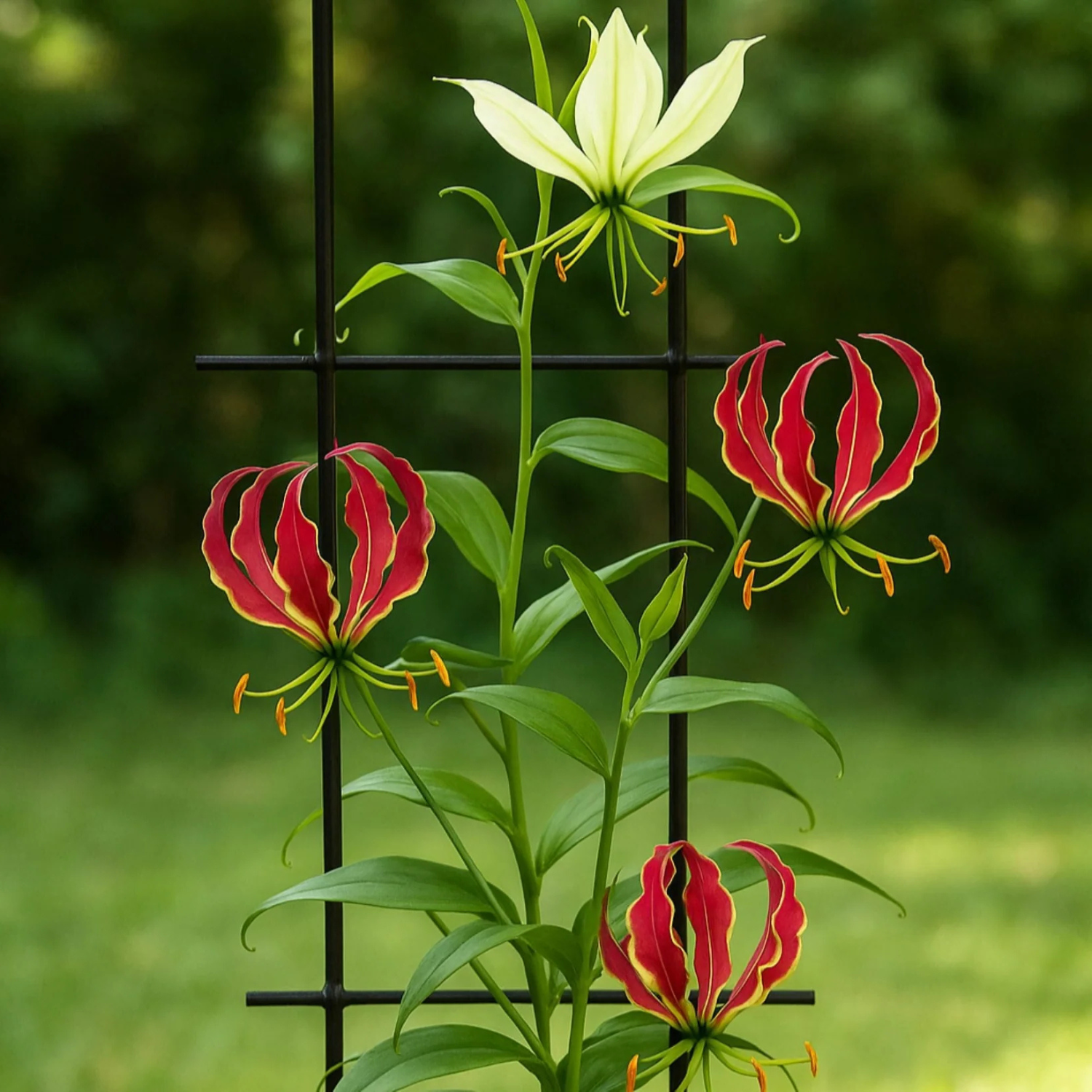 Three lily-of-the-valley flowers on a black trellis in a garden setting, with green foliage and a blurred green background.