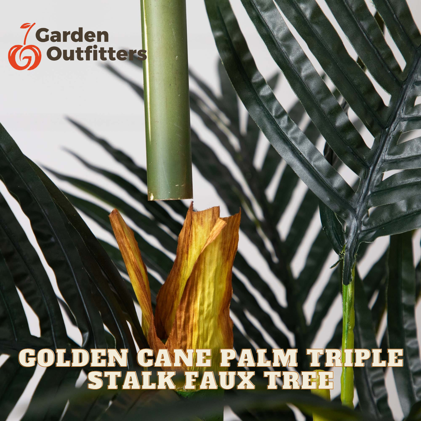 Garden Outfitters Golden Cane Palm Triple Stalk Faux Tree, featuring three green stalks with realistic brown and yellow fronds and dark palm leaves against a light background.
