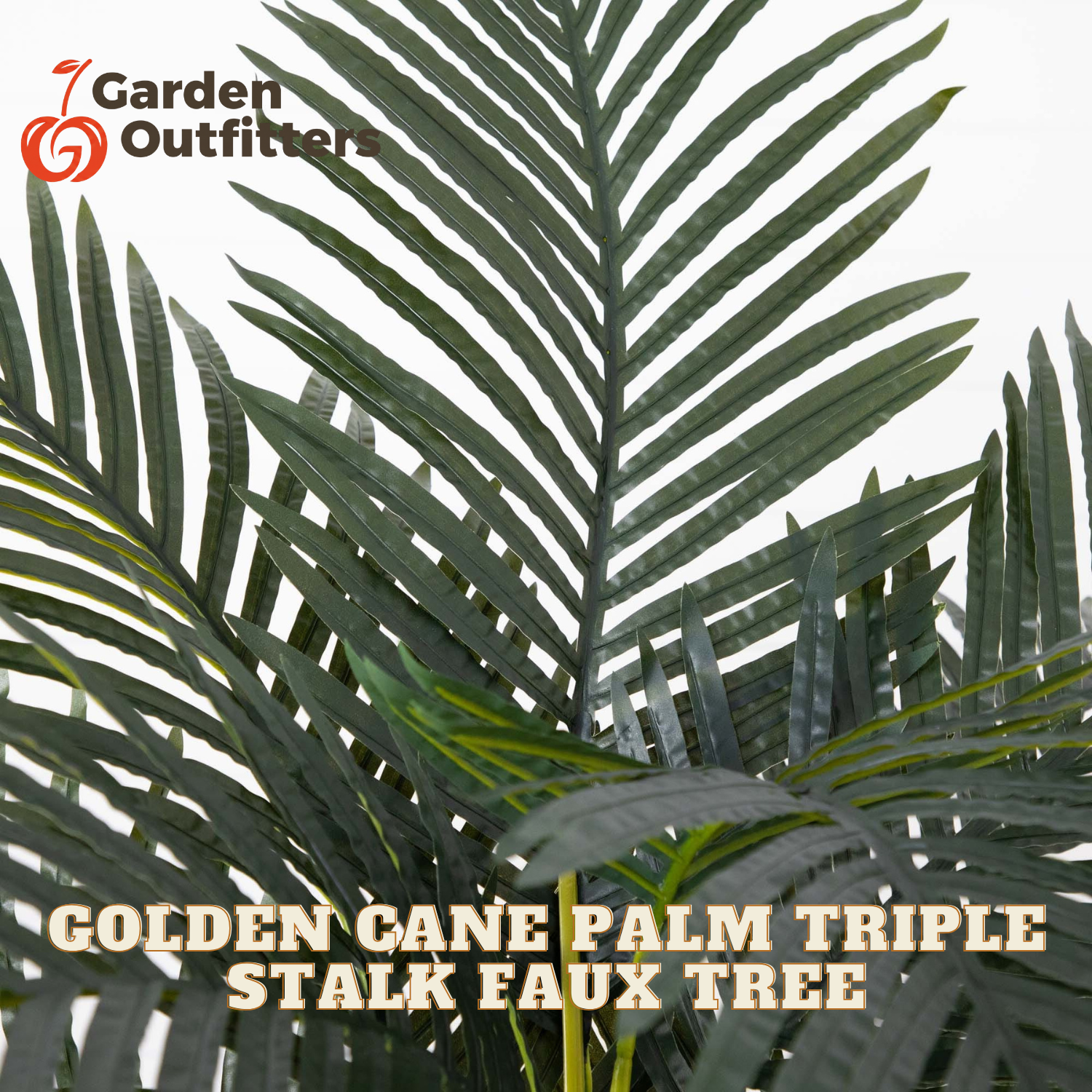 A close-up of a faux palm leafy plant with multiple dark green fronds, overlaid with the text 'GOLDEN CANE PALM TRIPLE STALK FAUX TREE' and a Garden Outfitters logo in the top left.
