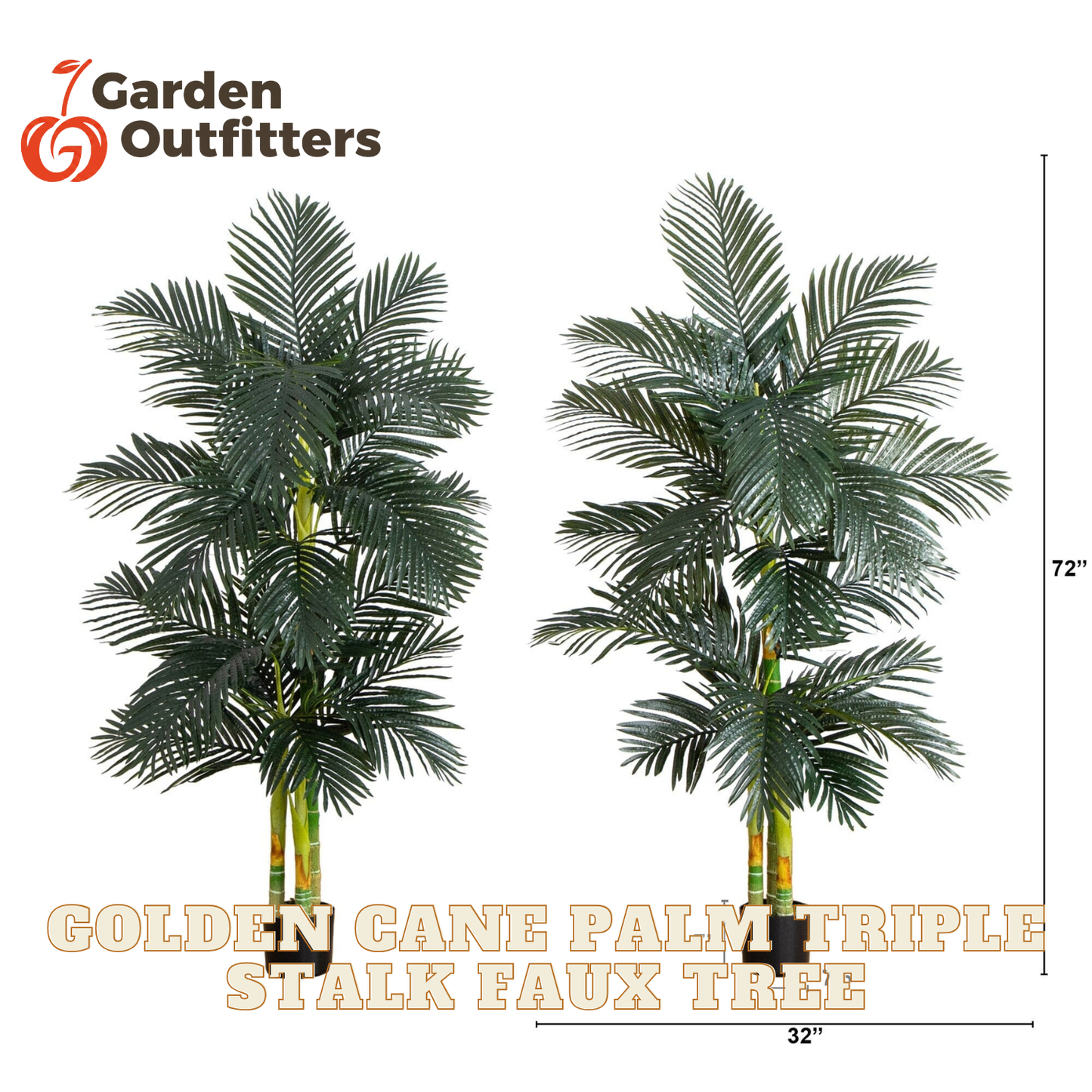 Two artificial palm tree trunks with green fronds, shown on a white background with Garden Outfitters branding and dimension labels indicating 72 inches tall and 32 inches wide.