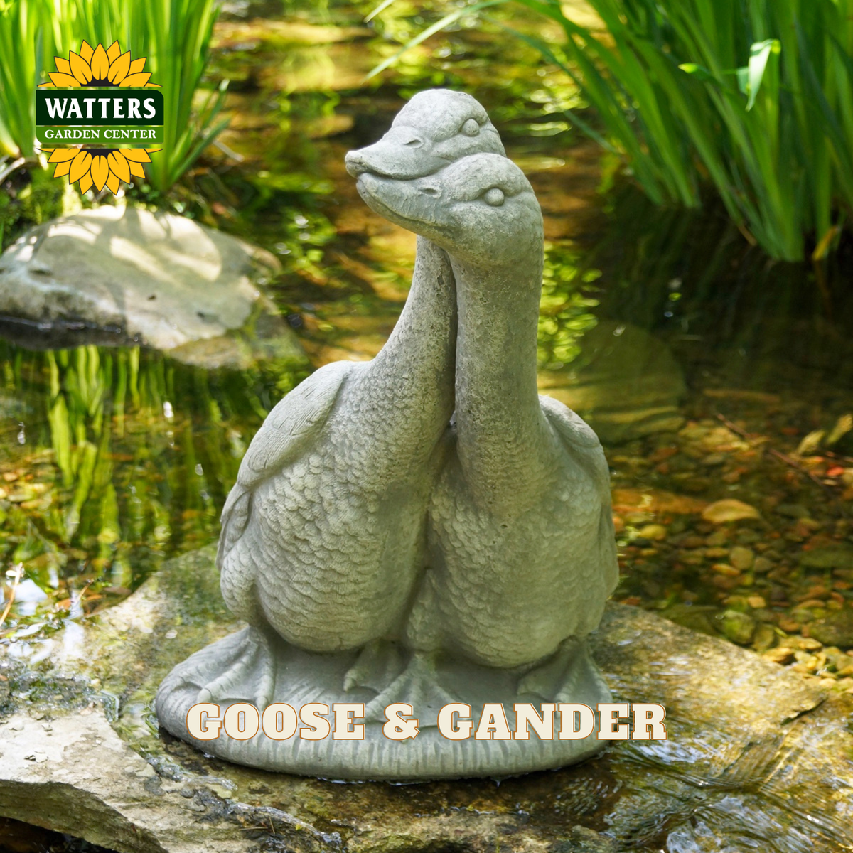 A gray stone-style garden statue of two goose-like birds standing together on a rock beside a pond, with Watters Garden Center branding and the text 'GOOSE & GANDER' visible.