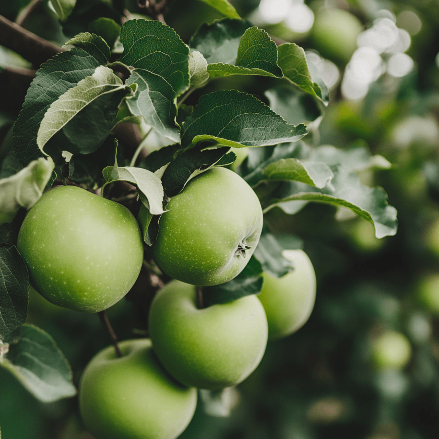 Green apples on a tree branch with leaves