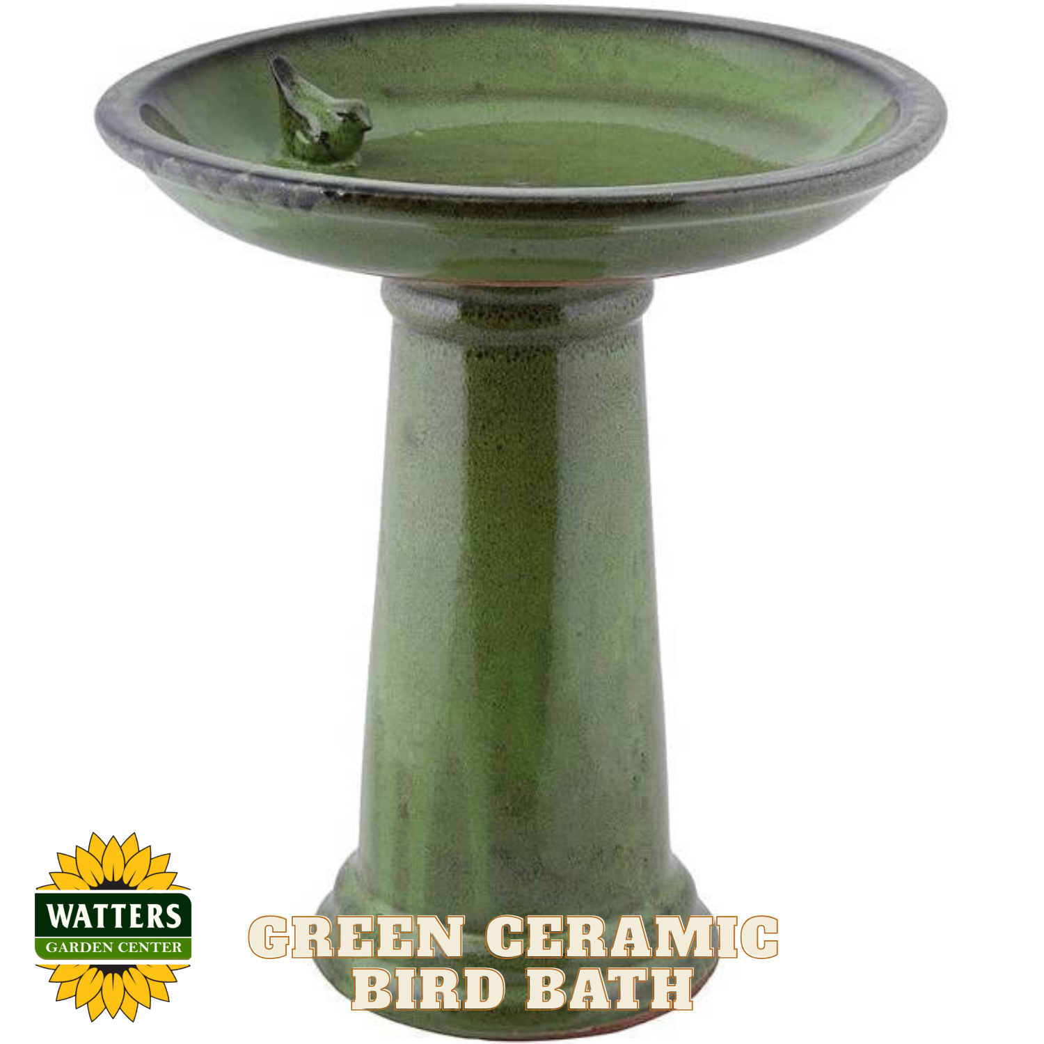 Green ceramic bird bath with a small bird figure on a white background, featuring Watters Garden Center logo.