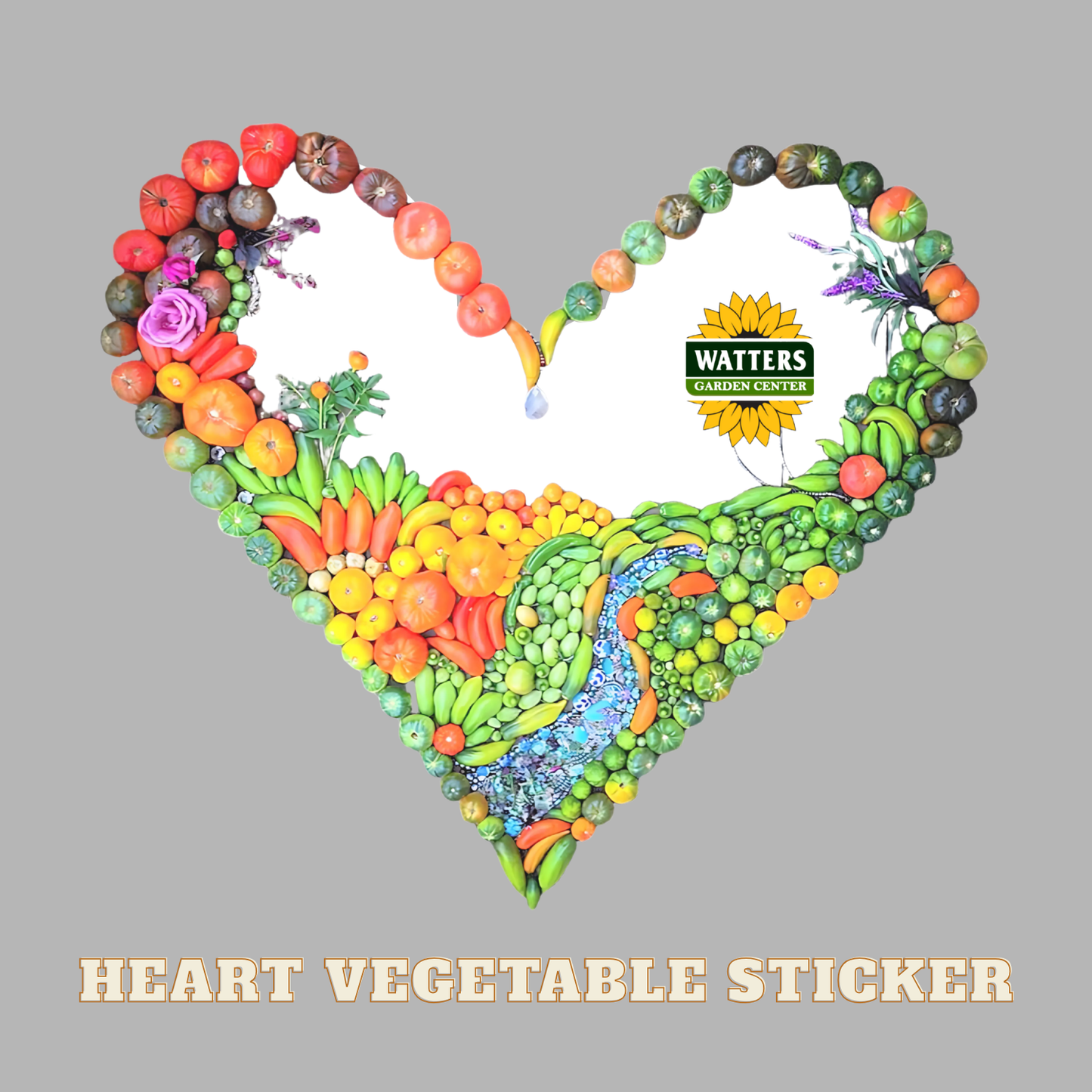 Heart-shaped arrangement of fruits and vegetables with Watters Garden Center logo on a gray background.