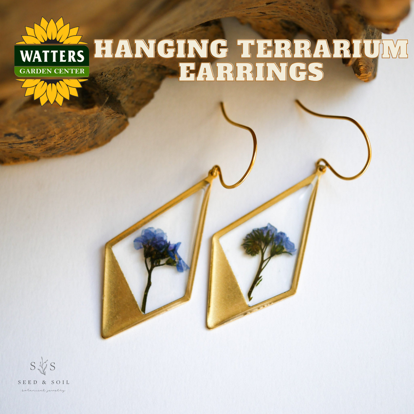 Gold-framed terrarium earrings with blue flowers on a white background, branded with Watters Garden Center.