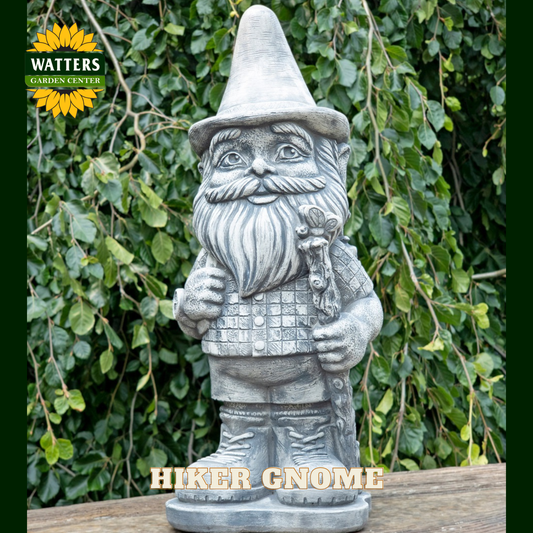 Gnome in hiking clothes in a garden with Watters branding.