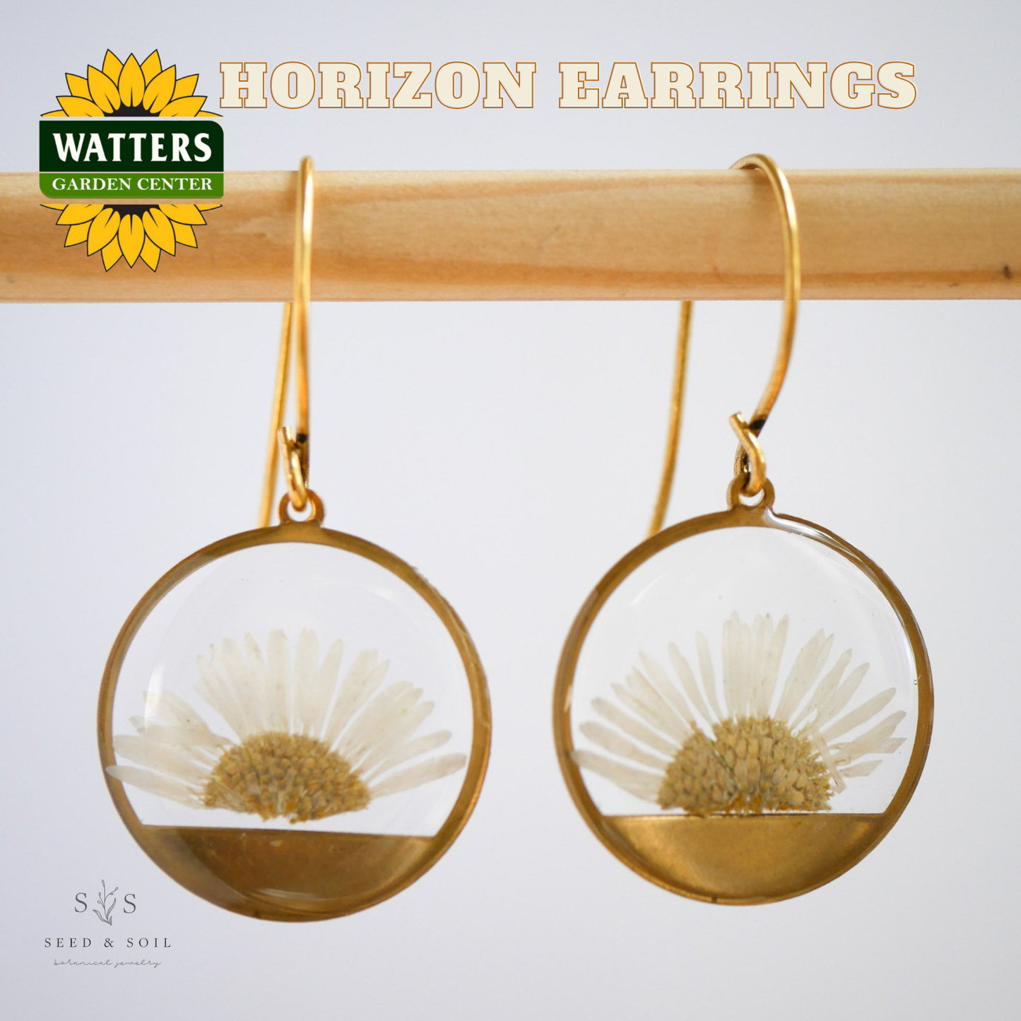 Gold hoop earrings with embedded dried flowers on a light gray background, featuring Watters Garden Center logo.