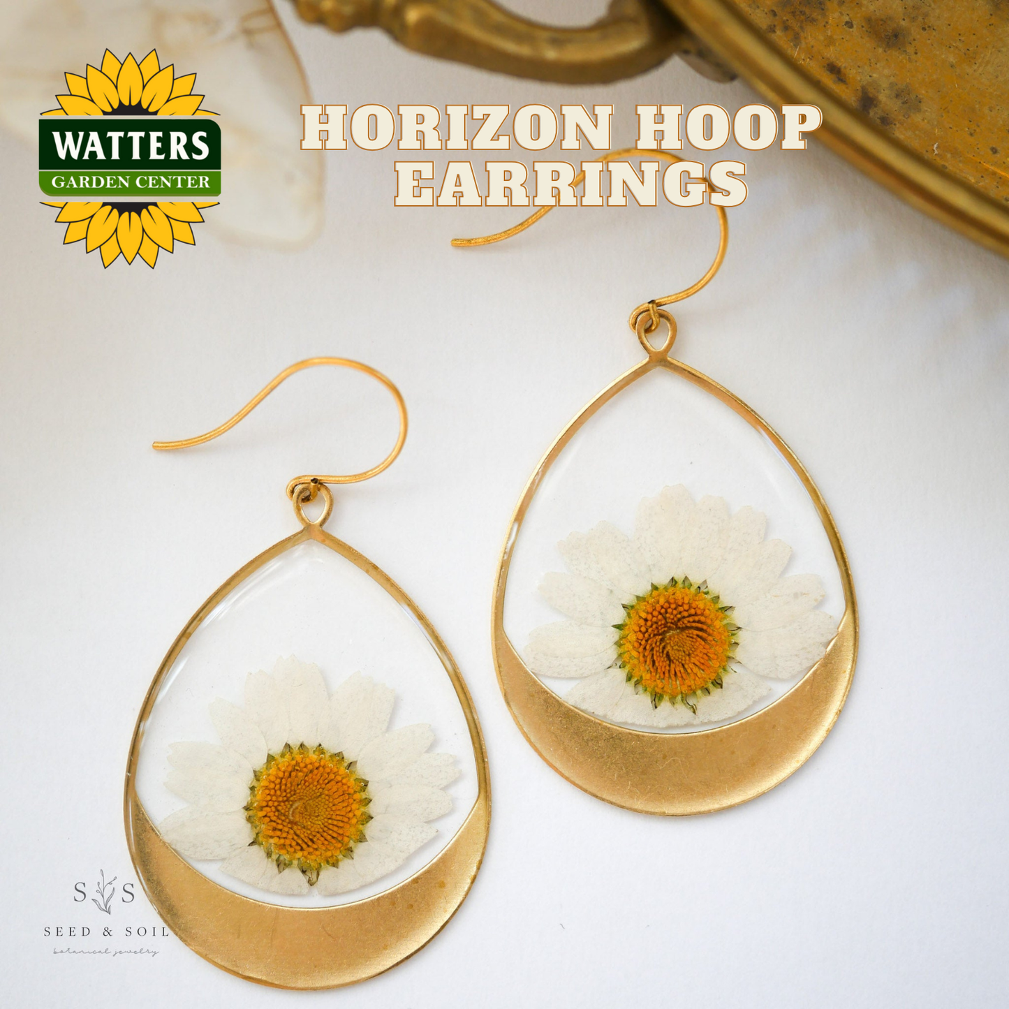 Gold hoop earrings with pressed flowers on a white surface, featuring Watters Garden Center branding.