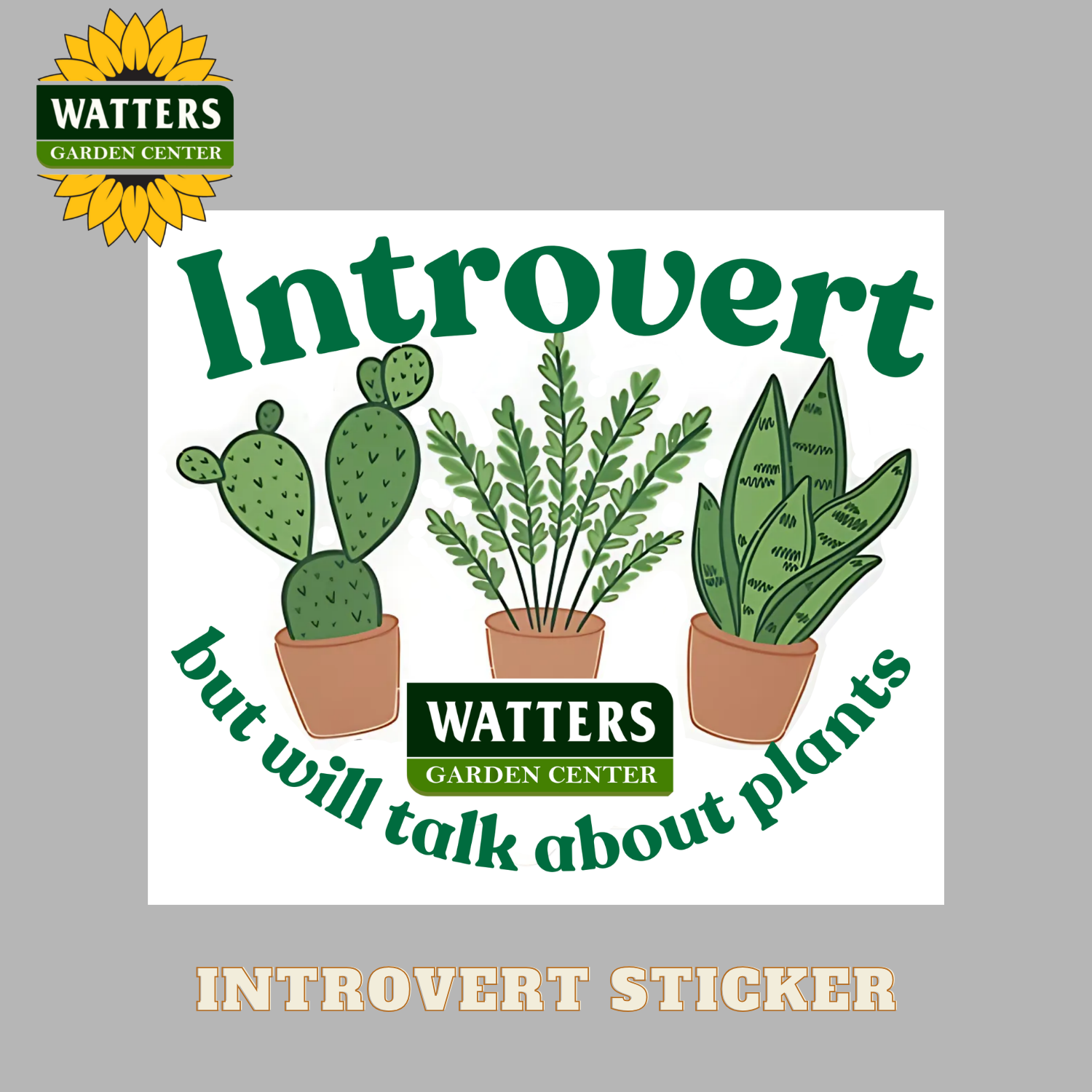 Sticker with plants and text 'Introvert but will talk about plants' from Watters Garden Center on a gray background.