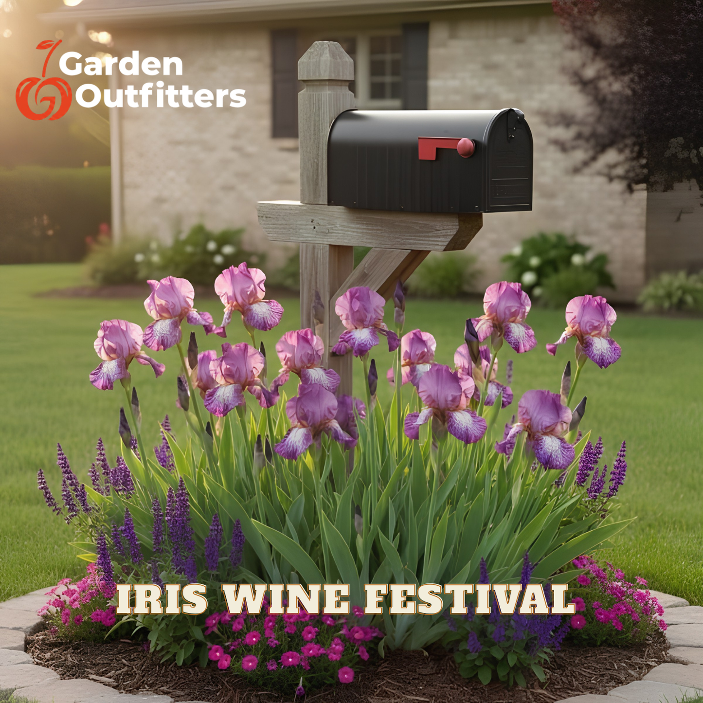 A garden bed in front of a house with a wooden mailbox post, filled with purple and pink iris flowers and green foliage. The text 'IRIS WINE FESTIVAL' appears across the bottom, and the Garden Outfitters logo appears in the top left corner.