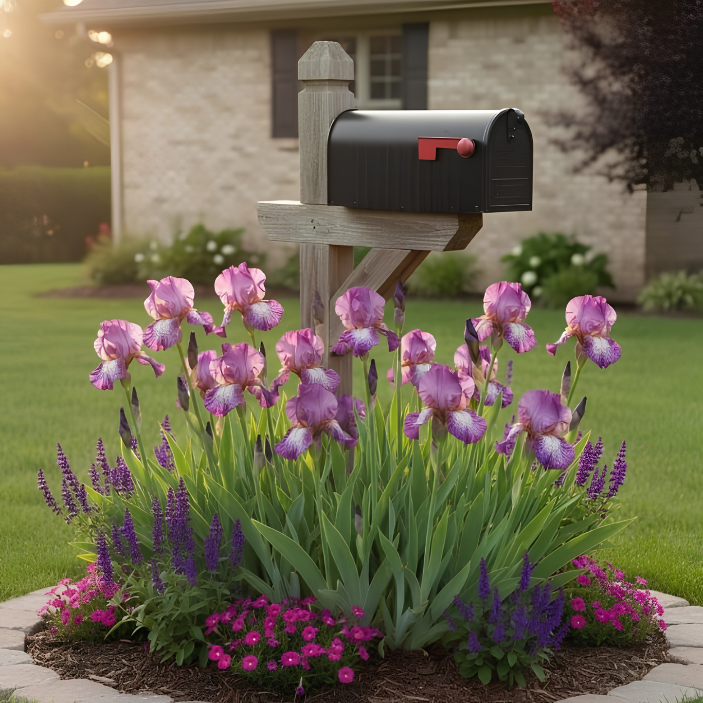 A black mailbox mounted on a wooden post in a landscaped garden bed with purple irises, pink flowers, and green foliage, set in front of a suburban house lawn.