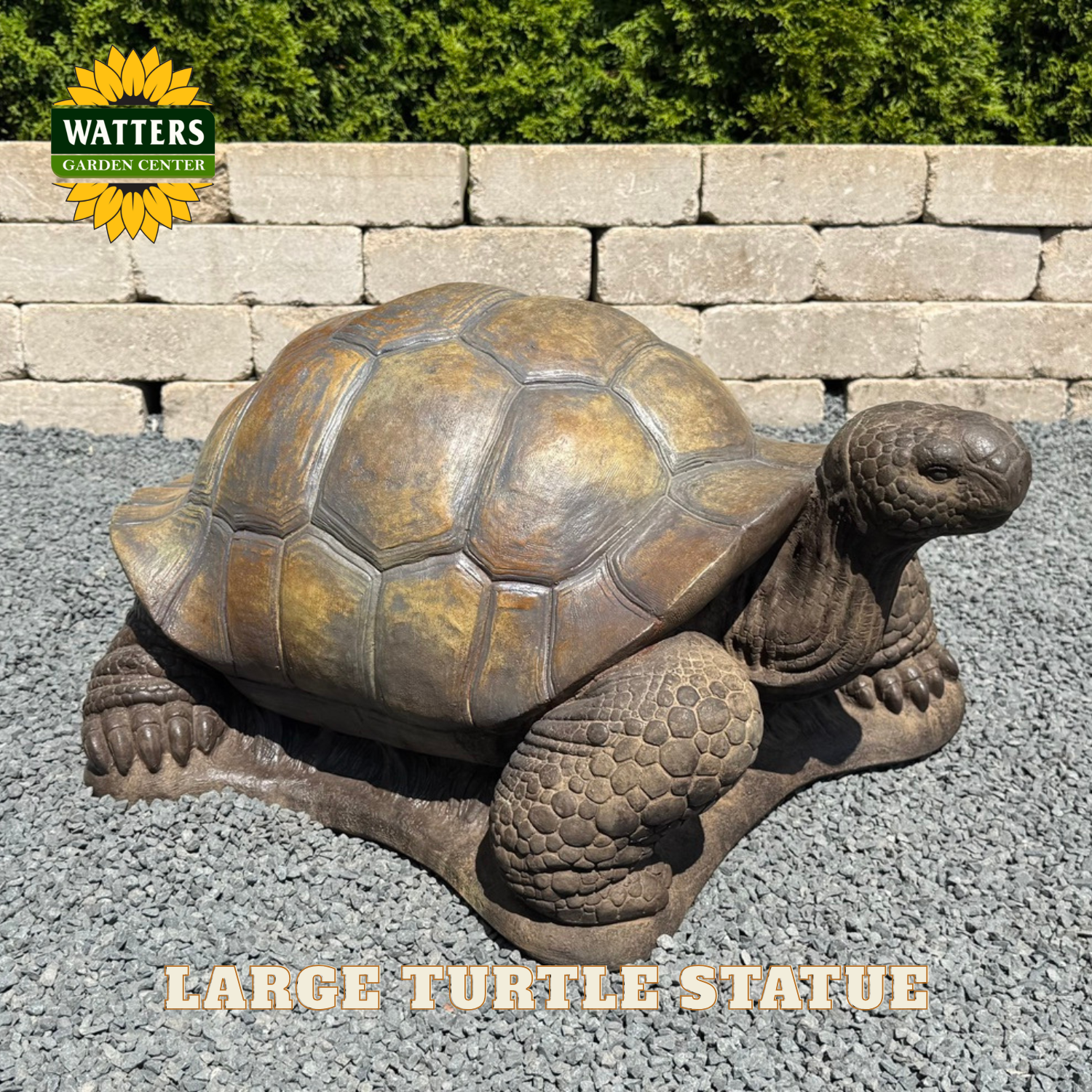 Turtle statue on a stone ground with a stone wall behind.