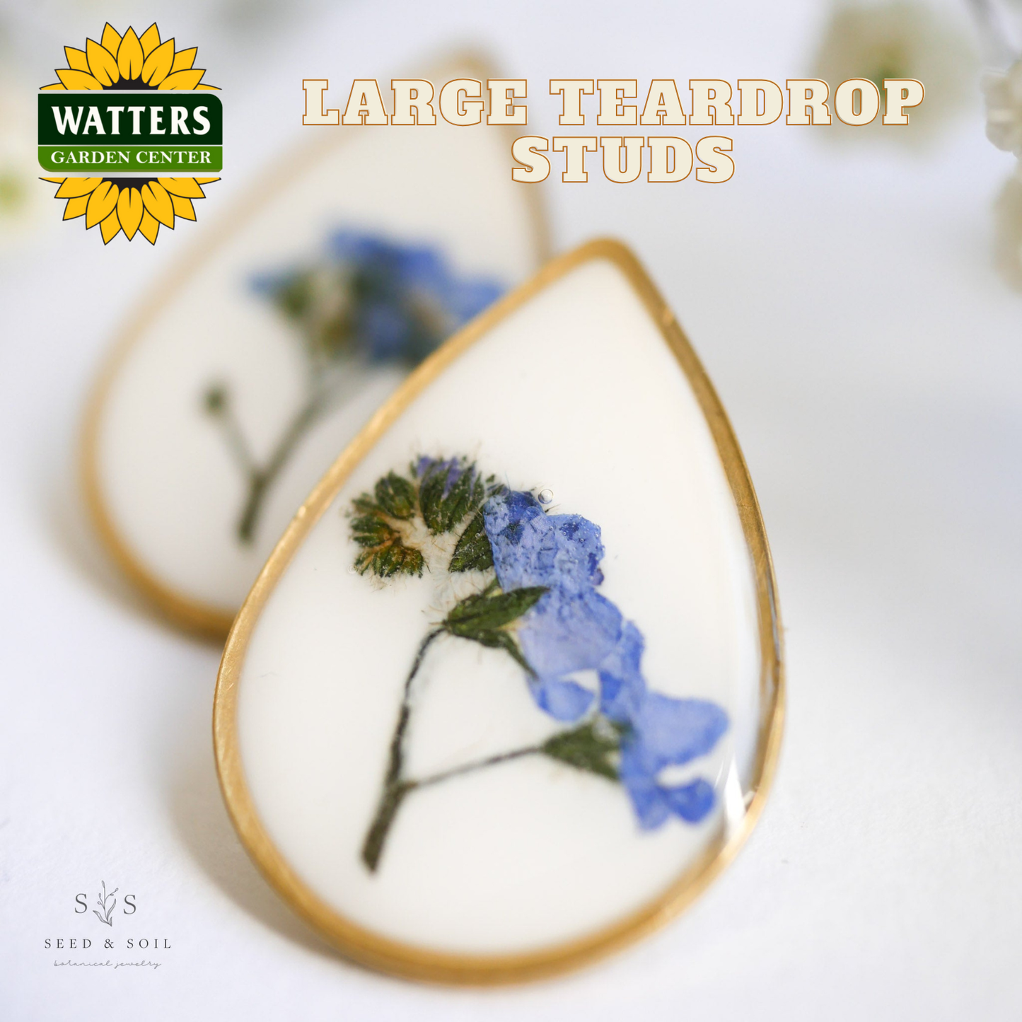 Teardrop-shaped earrings with pressed flowers on a white background, featuring Watters Garden Center logo.