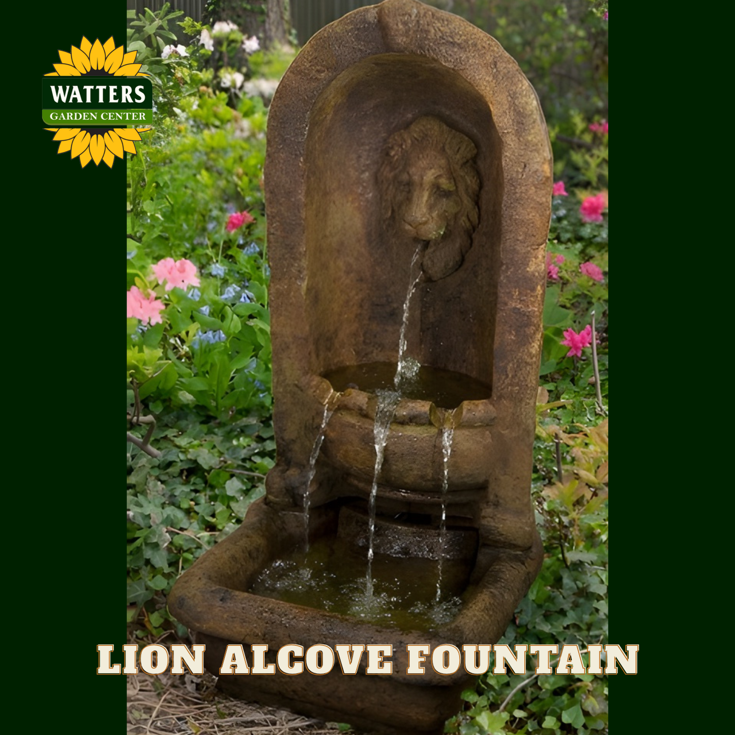 Lion alcove fountain with water feature in a garden setting, branded with Watters Garden Center.