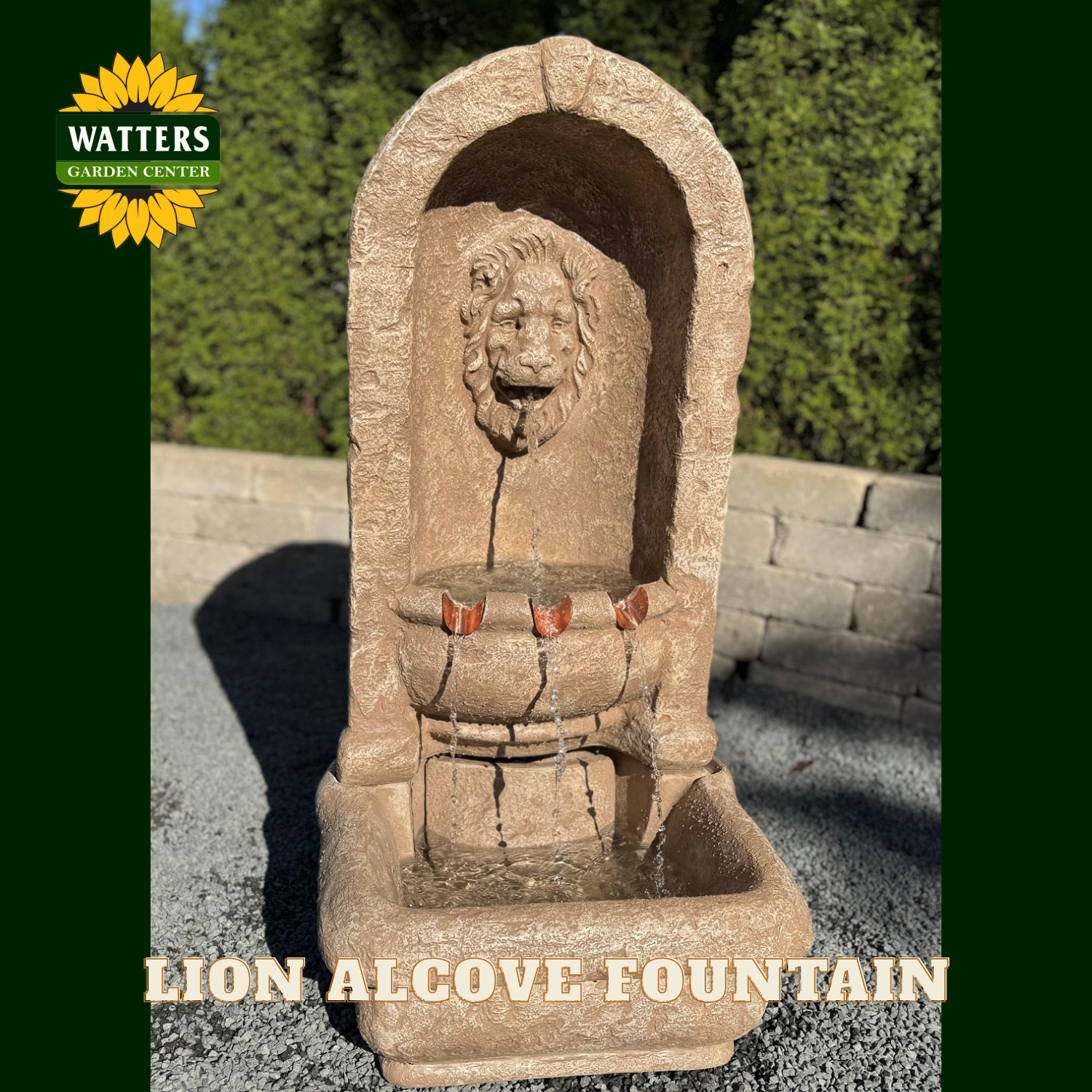 Stone lion alcove fountain with Watters Garden Center logo in the corner.