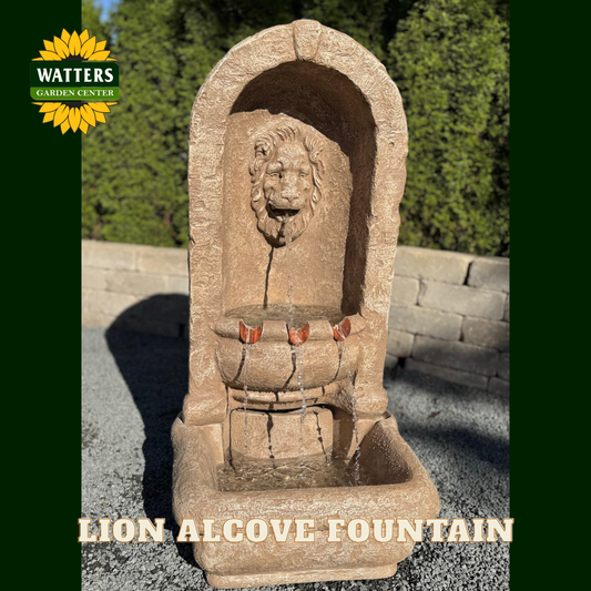 Stone lion alcove fountain with Watters Garden Center logo in the corner.