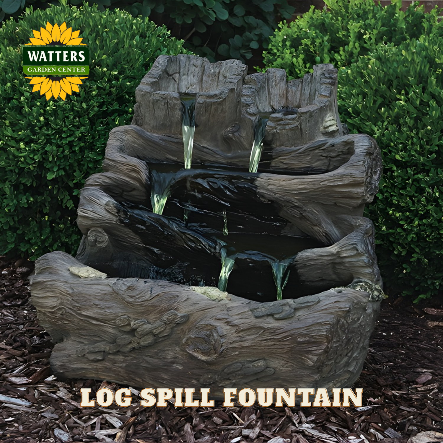 Log spill fountain with Watters Garden Center branding in a garden setting.
