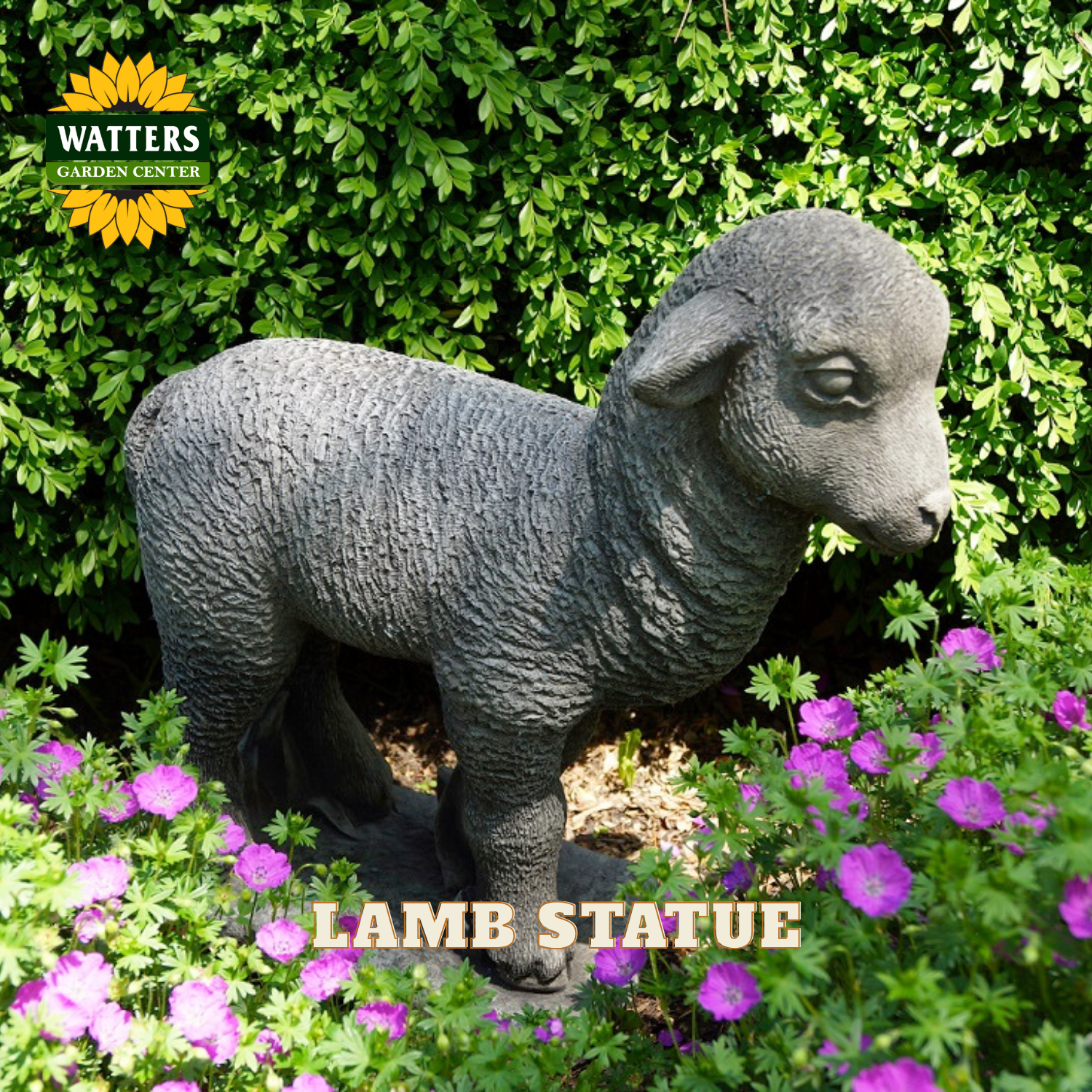 A realistic gray stone-look lamb statue standing in a garden bed surrounded by green foliage and purple flowers. A Watters Garden Center logo appears in the top-left corner, and the words 'LAMB STATUE' are overlaid at the bottom.