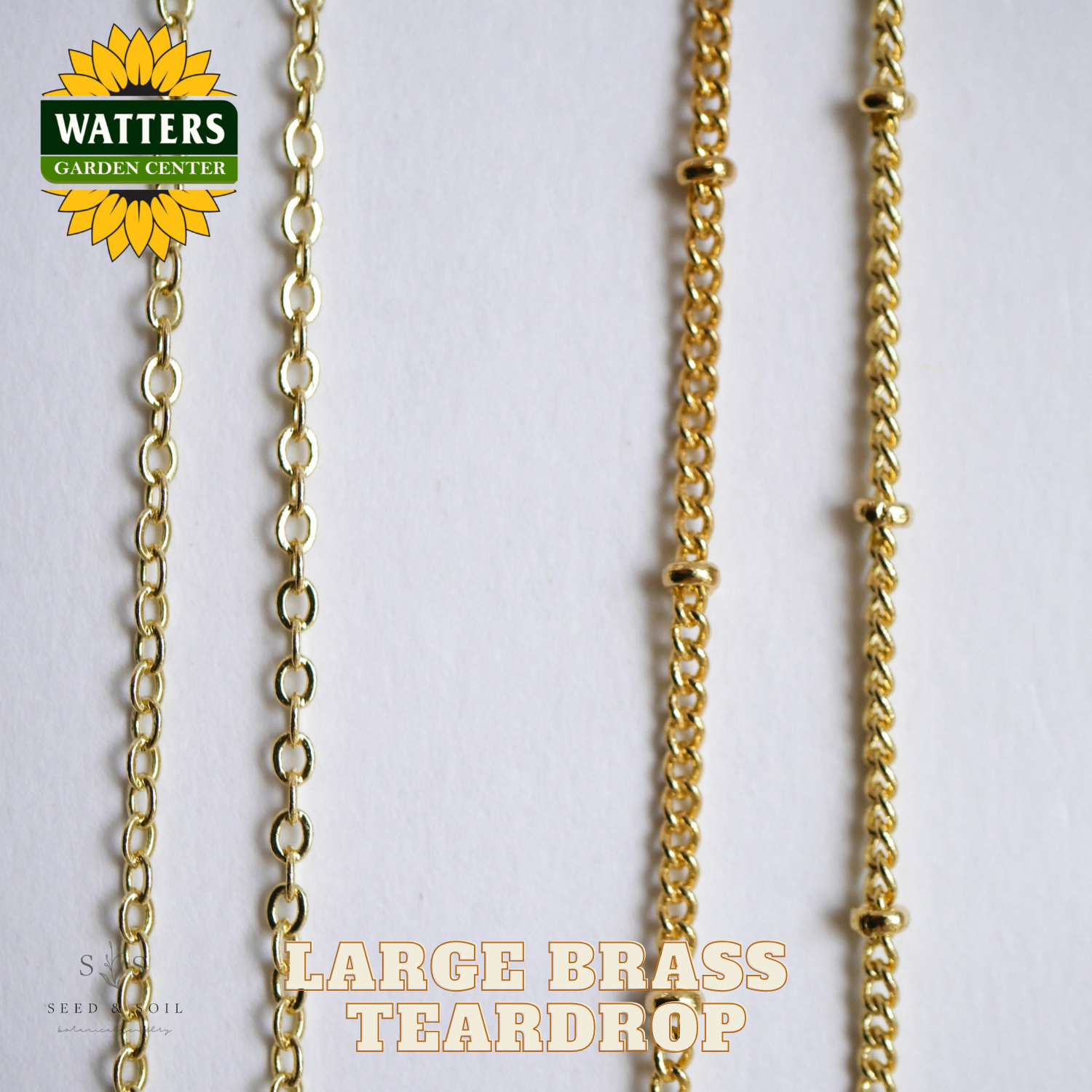 Three gold chains of different designs on a white background with Watters Garden Center logo.