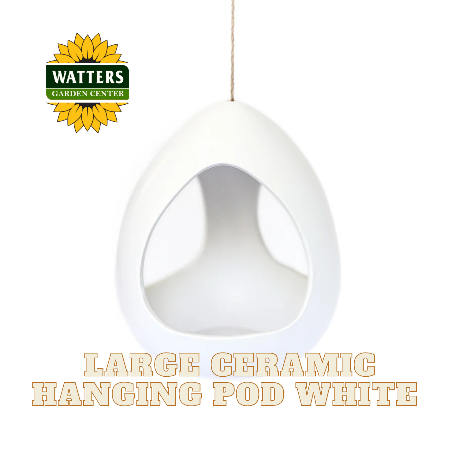 White ceramic hanging pod with Watters Garden Center logo on a white background