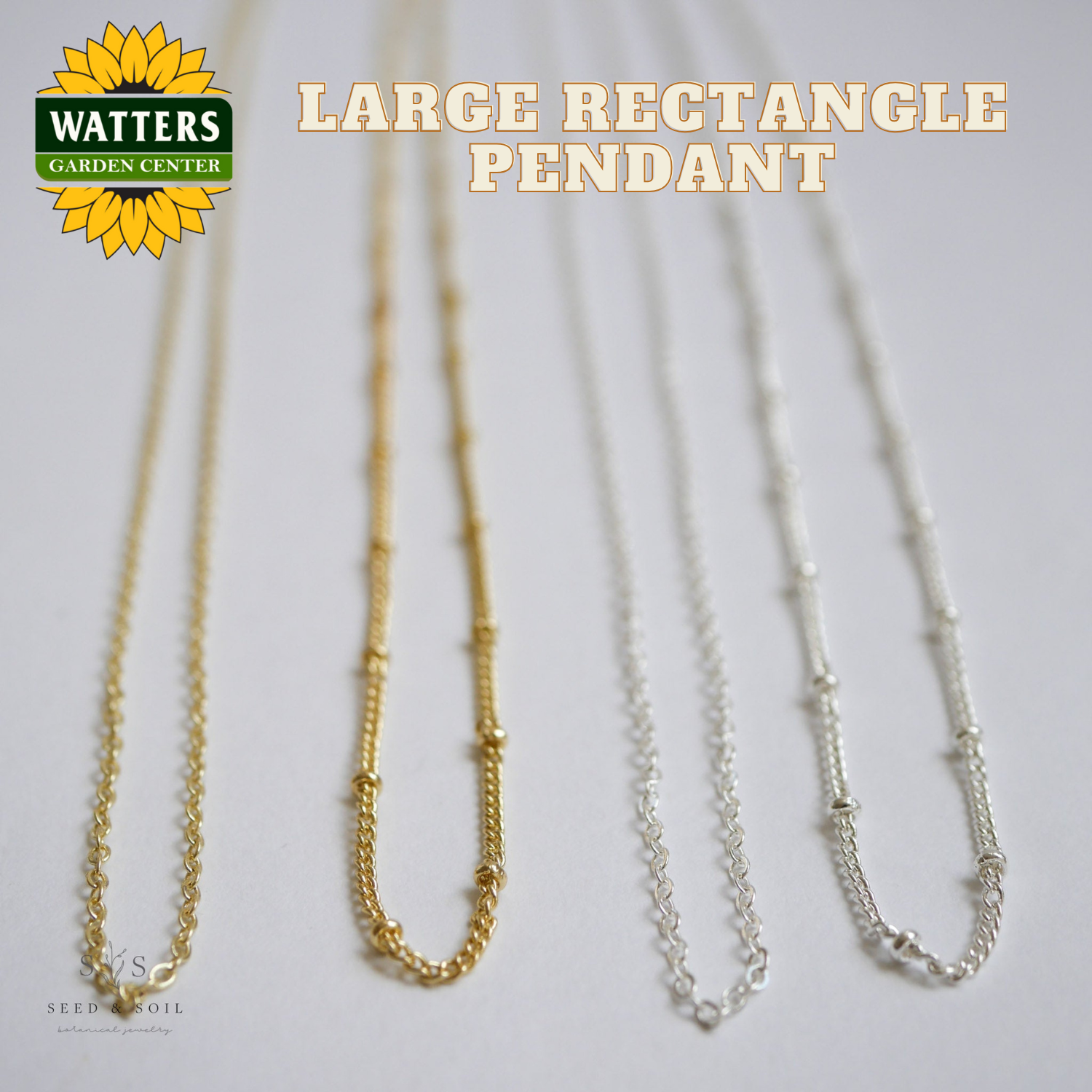 Two necklaces, one gold and one silver, with 'Watters Garden Center' logo on a light background.