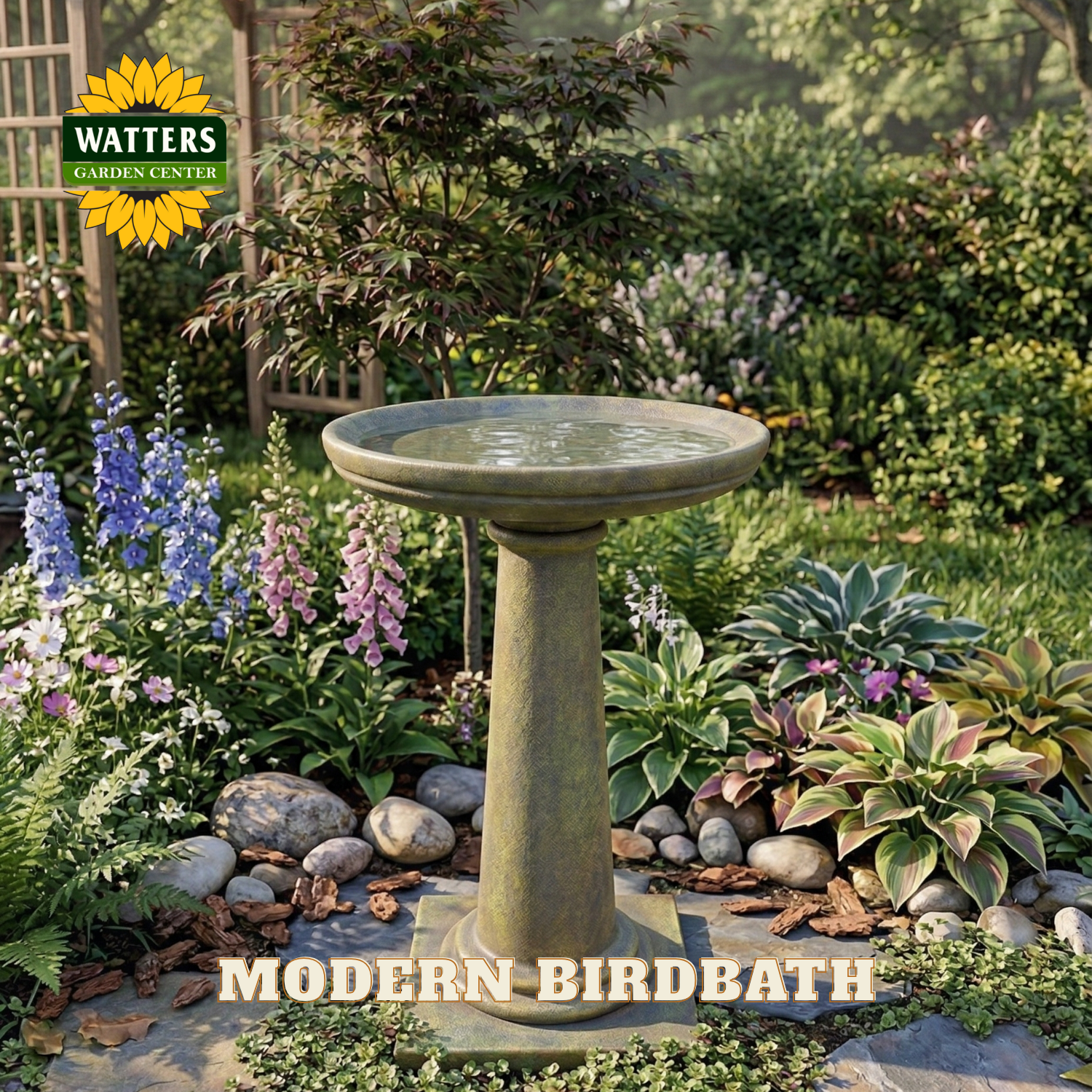 Modern birdbath in a garden setting with Watters Garden Center branding.