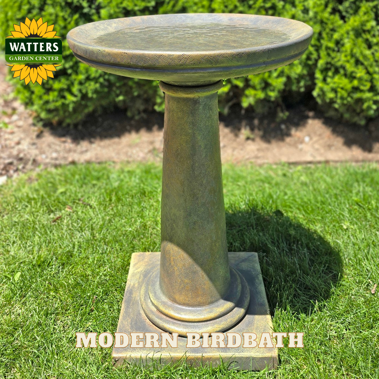 Modern birdbath on grass with Watters Garden Center branding