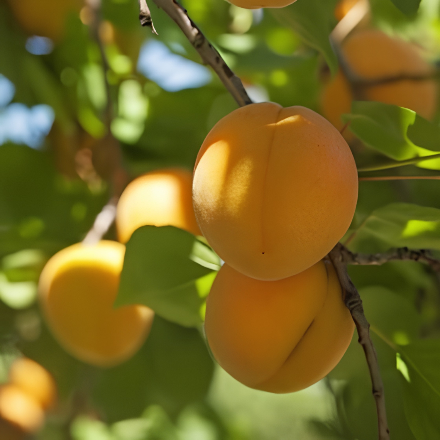 Ripe apricots on a tree branch with green leaves.